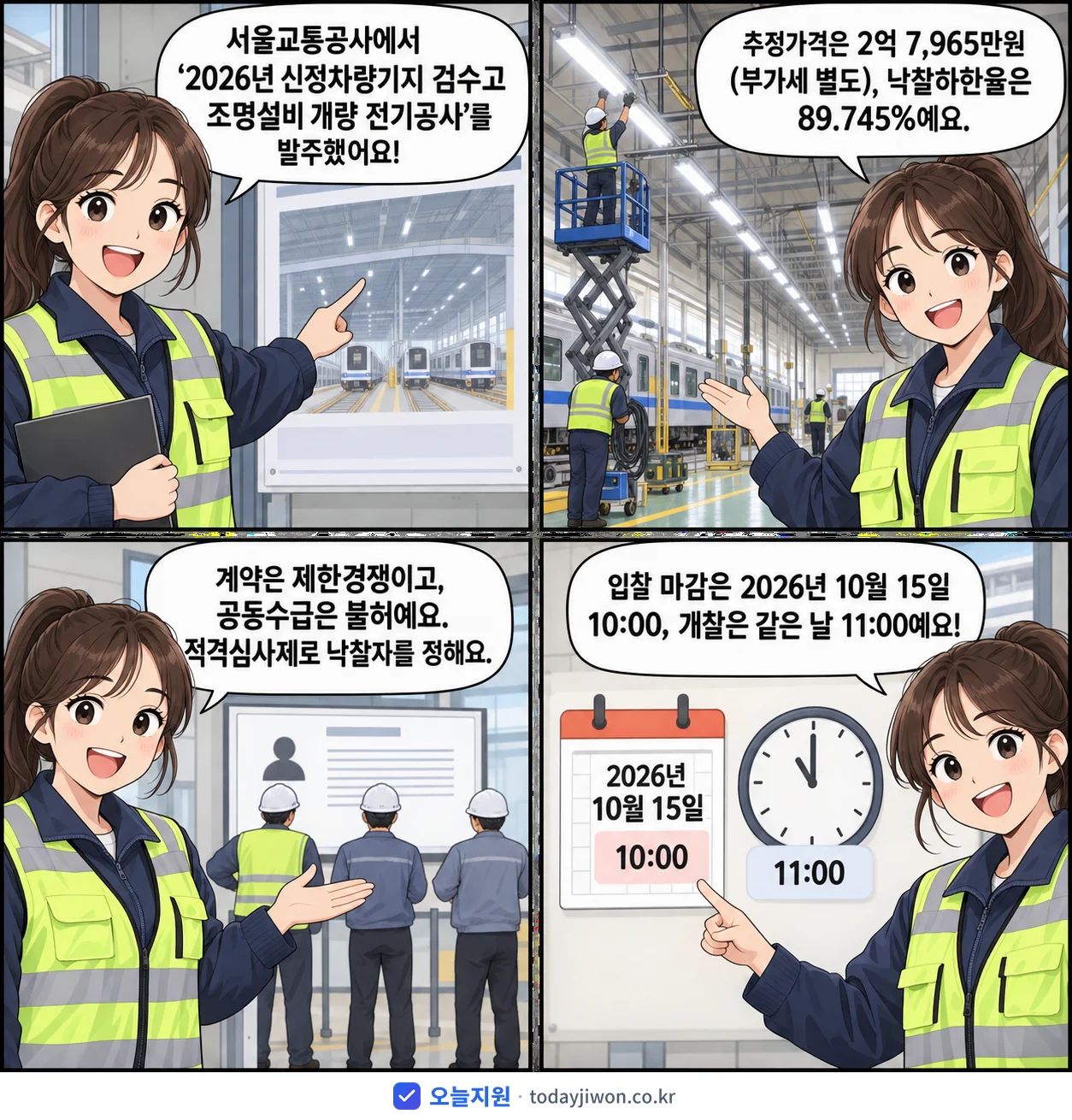 4컷 만화로 보는 공고: 서울교통공사 '신정차량기지 검수고 조명설비 개량 전기공사', 추정가격 2억 7,965만원, 입찰 마감 10/15 10:00