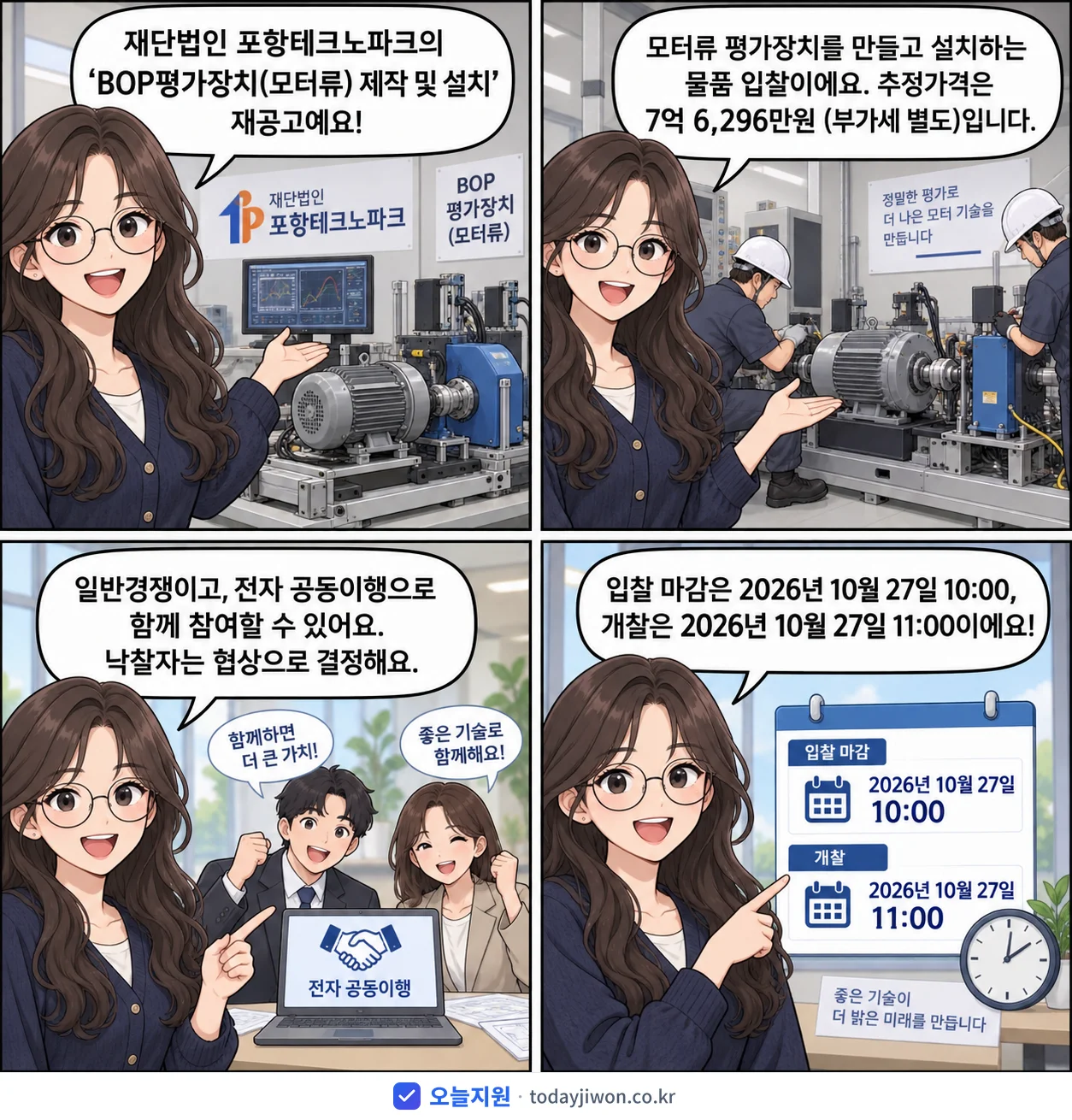 4컷 만화로 보는 공고: 재단법인 포항테크노파크 'BOP평가장치(모터류) 제작 및 설치', 추정가격 7억 6,296만원, 입찰 마감 10/27 10:00