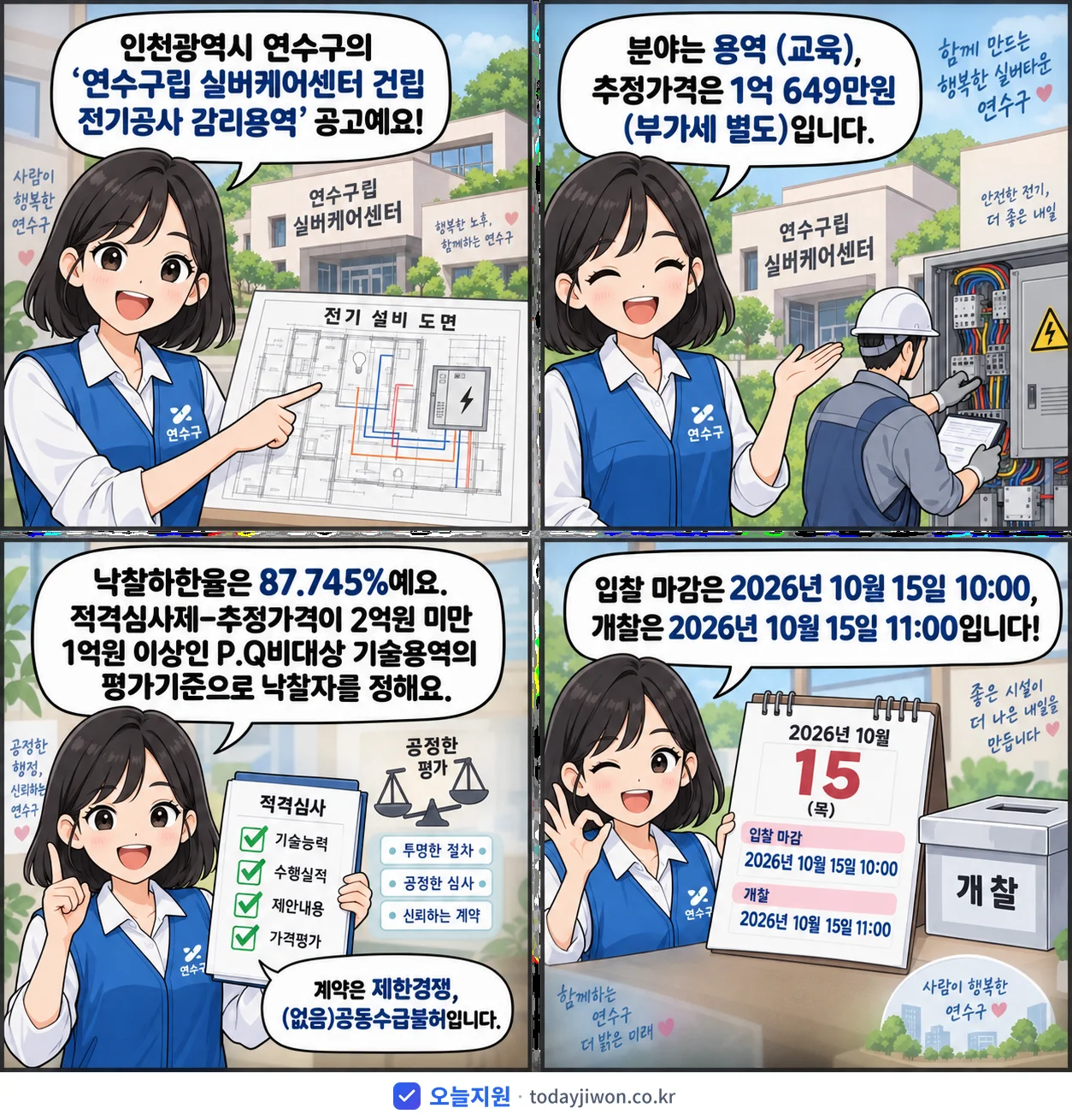4컷 만화로 보는 공고: 인천광역시 연수구 '연수구립 실버케어센터 건립 전기공사 감리용역', 추정가격 1억 649만원, 입찰 마감 10/15 10:00