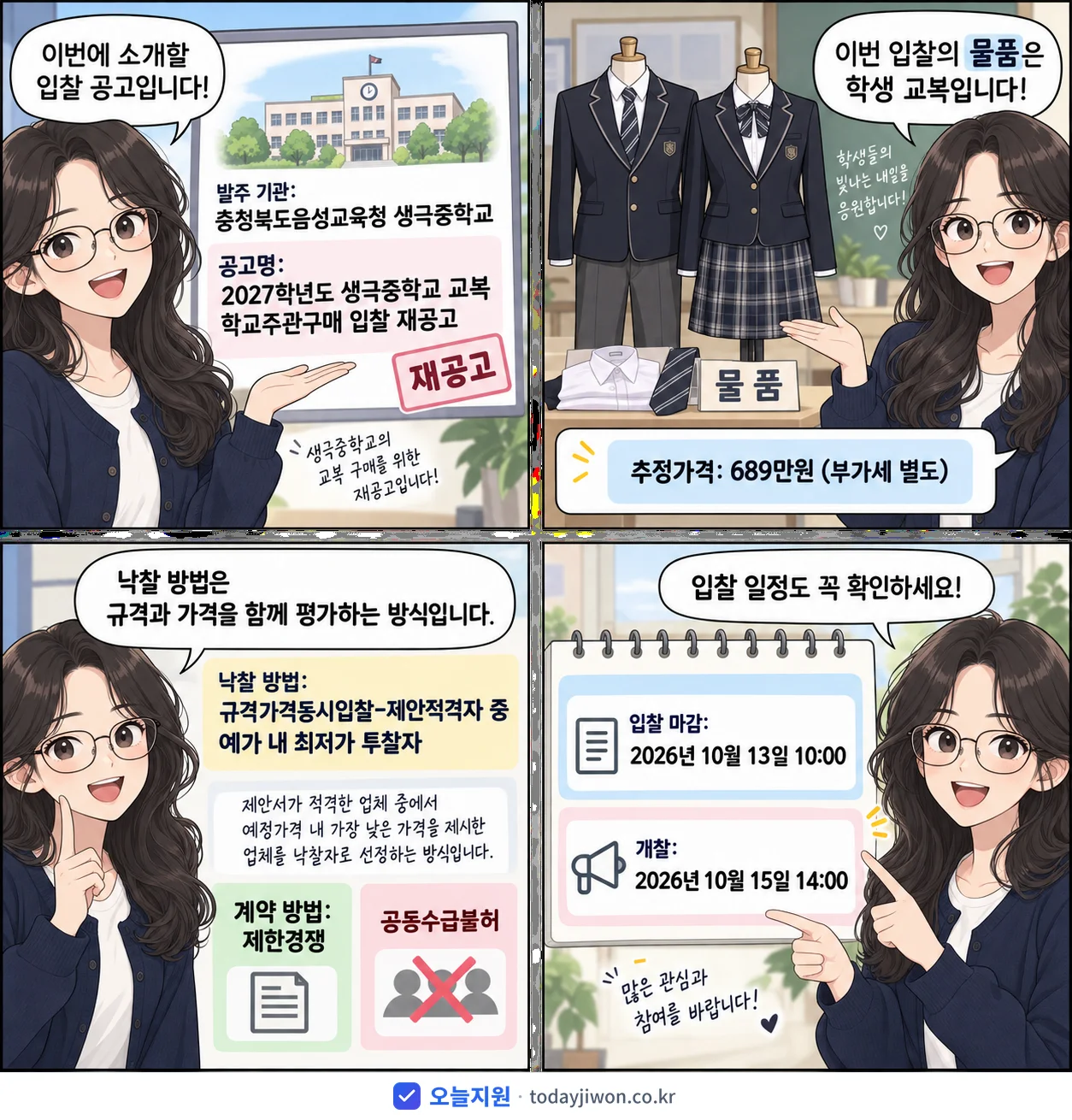4컷 만화로 보는 공고: 충청북도음성교육청 생극중학교 '학년도 생극중학교 교복 학교주관구매 입찰 재공고', 추정가격 689만원, 입찰 마감 10/13 10:00