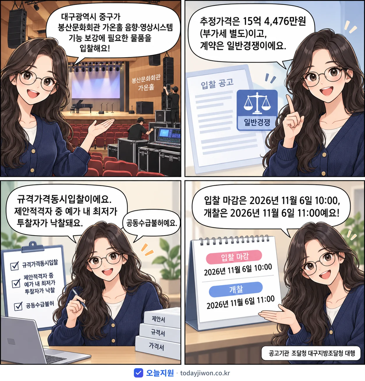 4컷 만화로 보는 공고: 대구광역시 중구 '봉산문화회관 가온홀 음향·영상시스템 기능 보강', 추정가격 15억 4,476만원, 입찰 마감 11/6 10:00