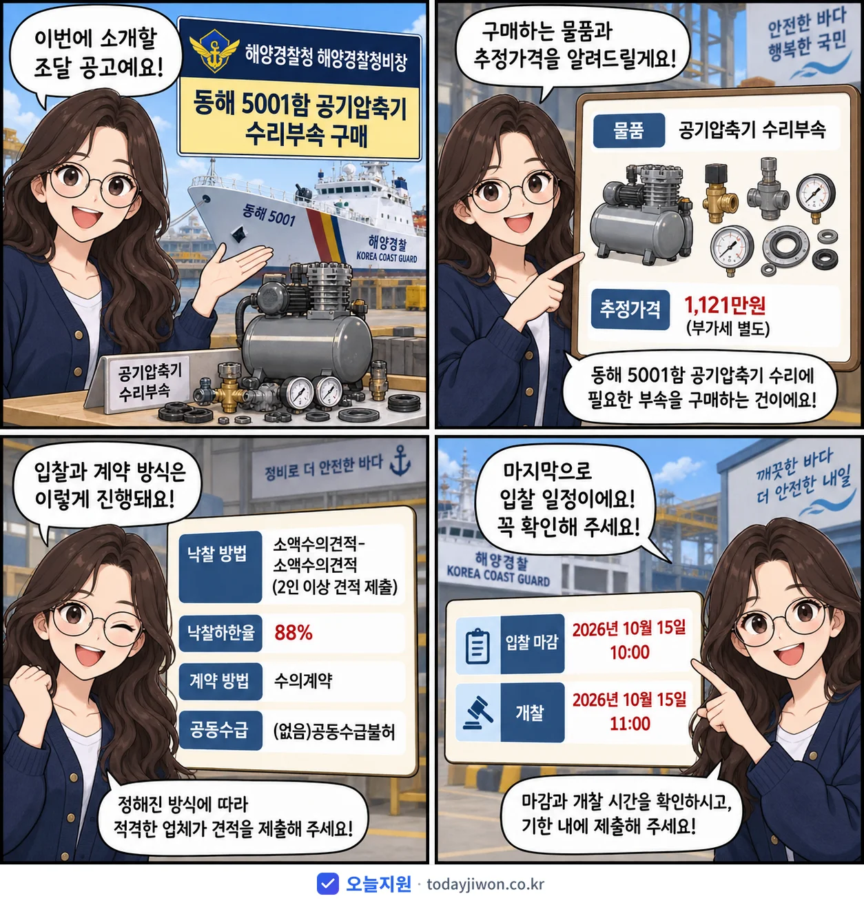 4컷 만화로 보는 공고: 해양경찰청 해양경찰정비창 '동해 5001함 공기압축기 수리부속 구매', 추정가격 1,121만원, 입찰 마감 10/15 10:00
