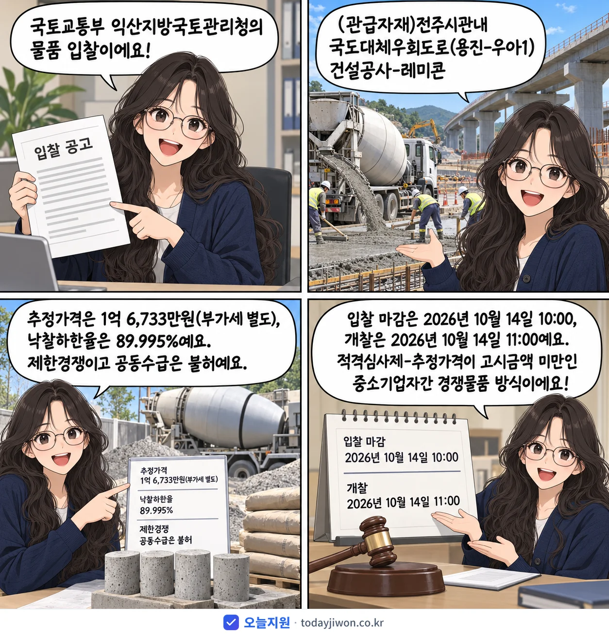 4컷 만화로 보는 공고: 국토교통부 익산지방국토관리청 '(관급자재)전주시관내 국도대체우회도로(용진-우아1) 건설공사-레미콘', 추정가격 1억 6,733만원, 입찰 마감 10/14 10:00