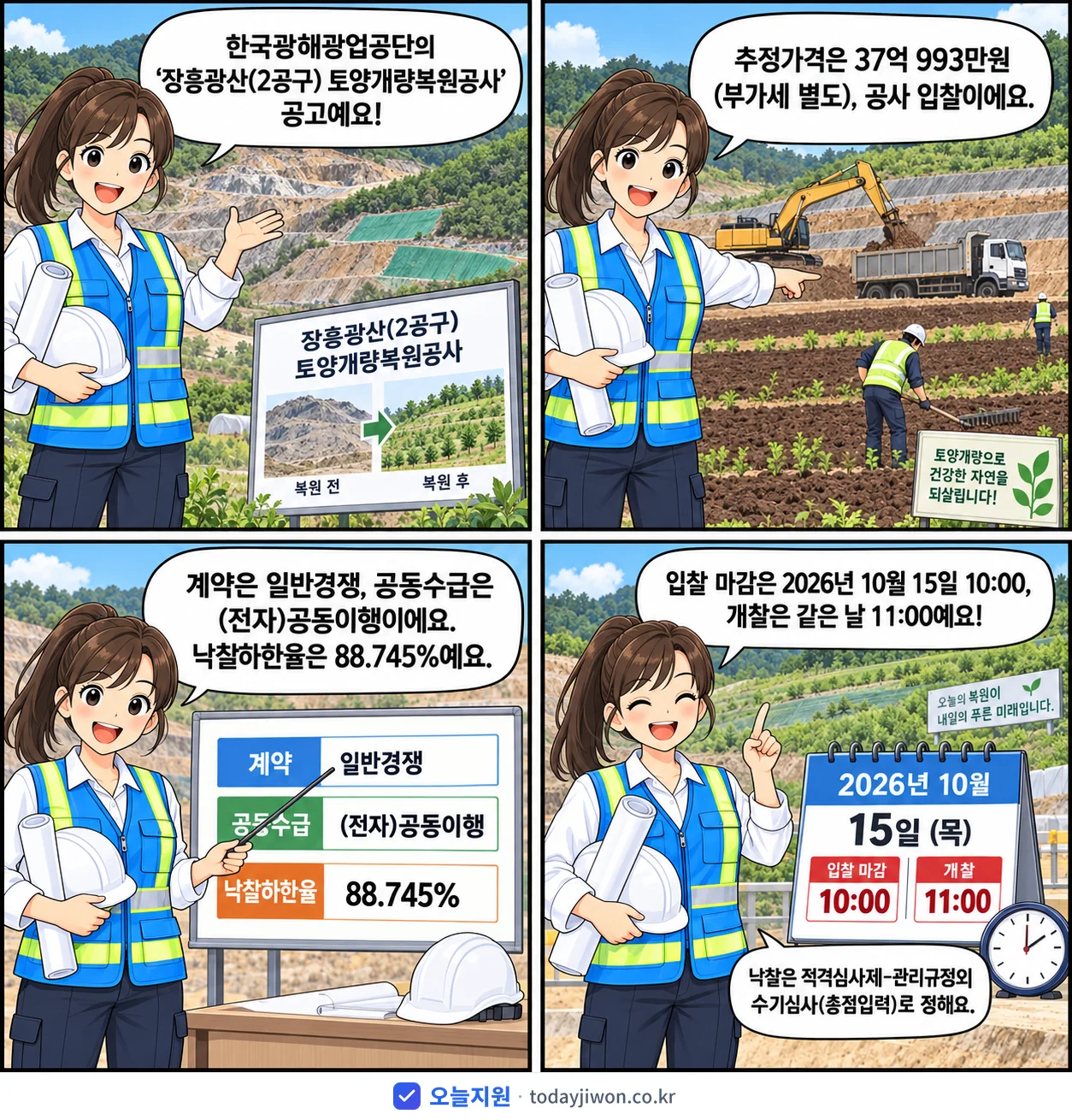 4컷 만화로 보는 공고: 한국광해광업공단 '장흥광산(2공구) 토양개량복원공사', 추정가격 37억 993만원, 입찰 마감 10/15 10:00