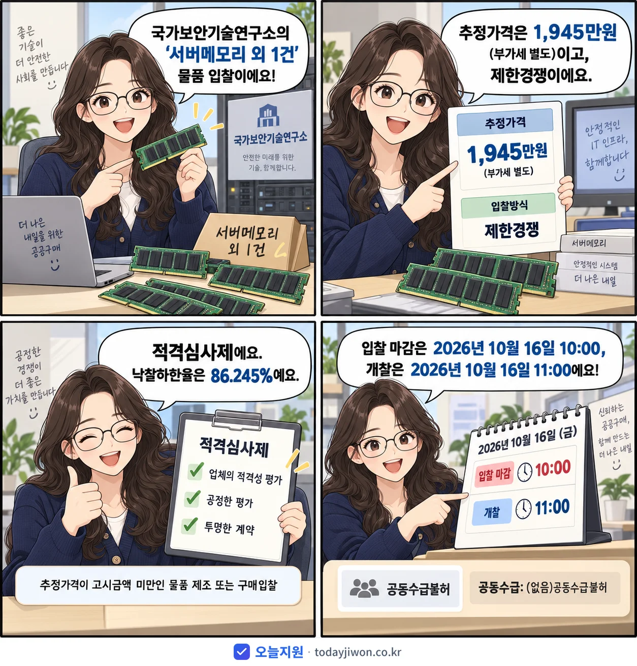 4컷 만화로 보는 공고: 국가보안기술연구소 '서버메모리 외 1건', 추정가격 1,945만원, 입찰 마감 10/16 10:00