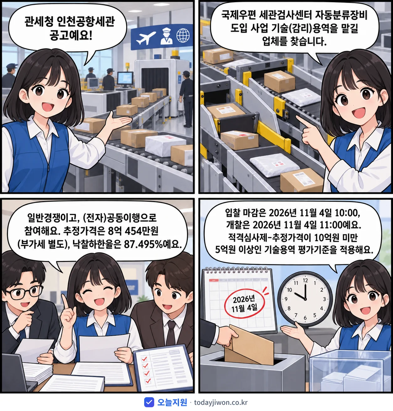 4컷 만화로 보는 공고: 관세청 인천공항세관 '국제우편 세관검사센터 자동분류장비 도입 사업 기술(감리)용역', 추정가격 8억 454만원, 입찰 마감 11/4 10:00