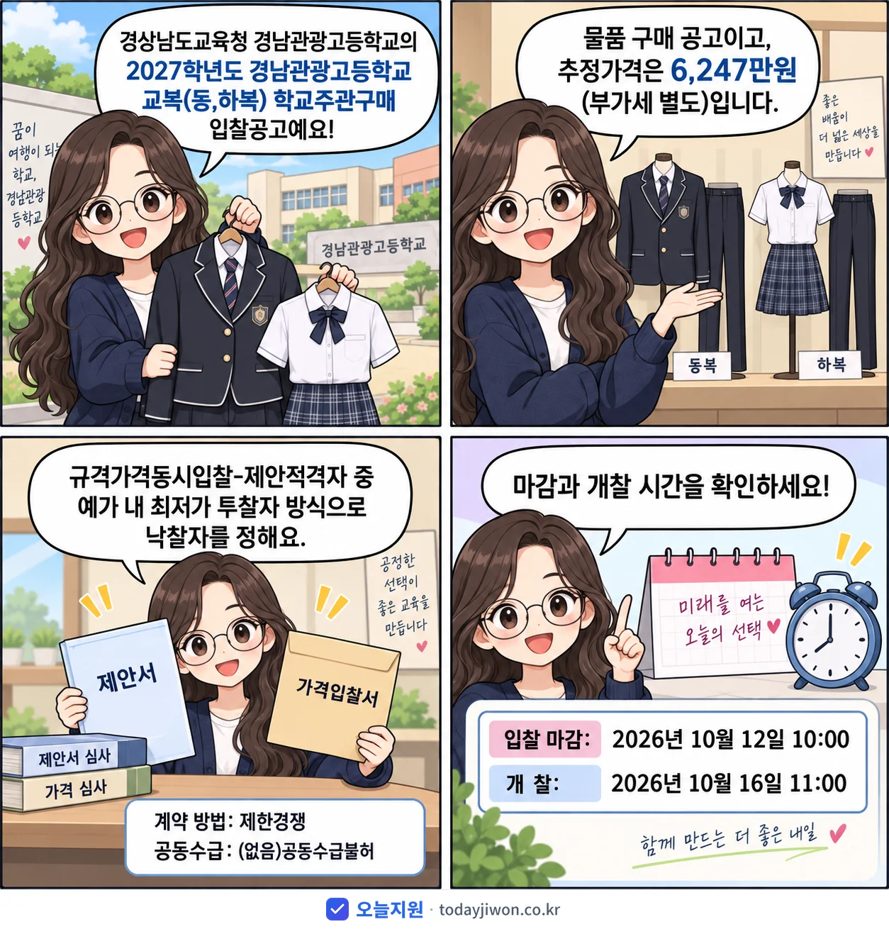 4컷 만화로 보는 공고: 경상남도교육청 경남관광고등학교 '학년도 경남관광고등학교 교복(동,하복) 학교주관구매 입찰공고', 추정가격 6,247만원, 입찰 마감 10/12 10:00