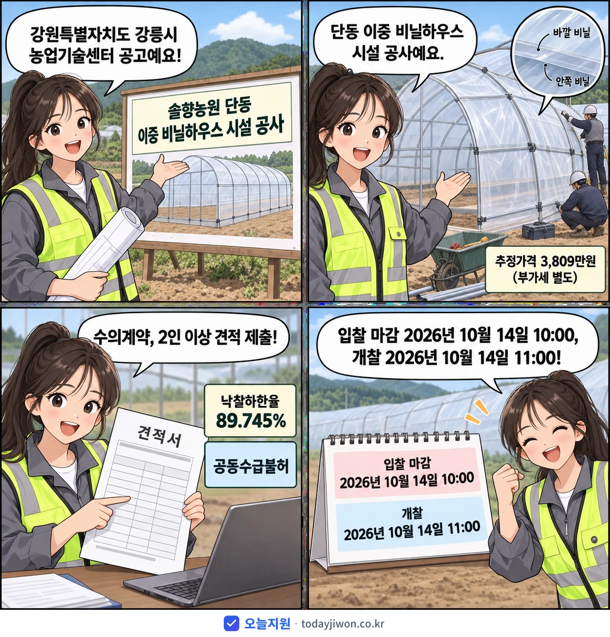 4컷 만화로 보는 공고: 강원특별자치도 강릉시 농업기술센터 '솔향농원 단동 이중 비닐하우스 시설 공사', 추정가격 3,809만원, 입찰 마감 10/14 10:00