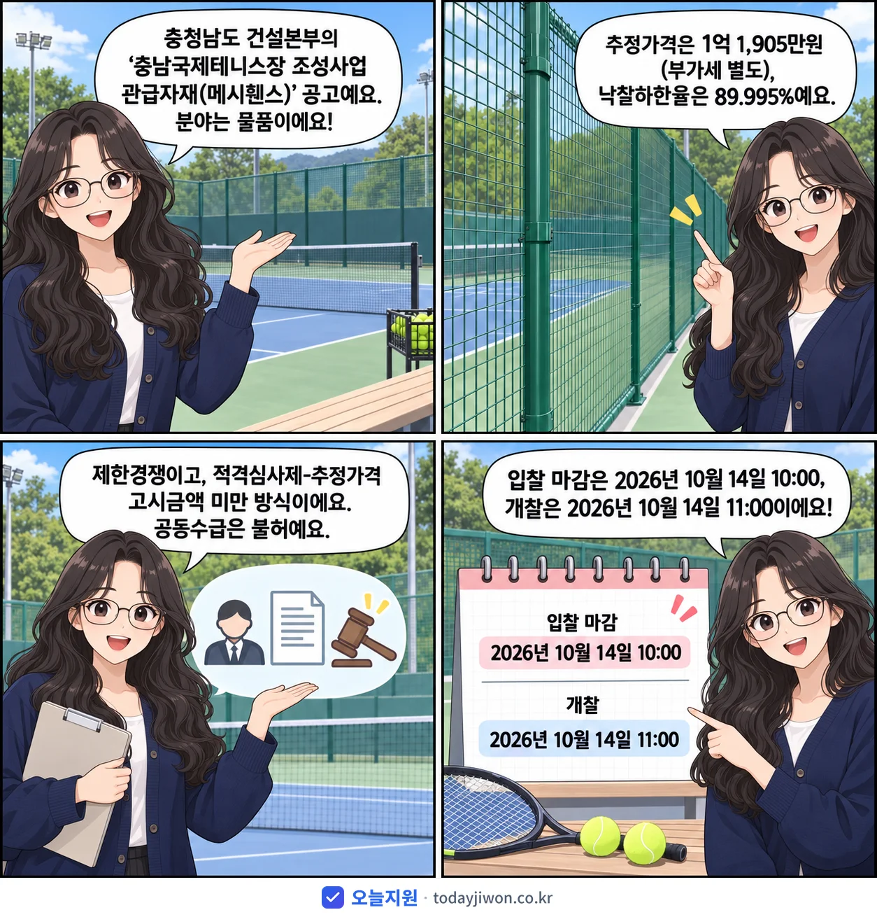 4컷 만화로 보는 공고: 충청남도 건설본부 '충남국제테니스장 조성사업 관급자재(메시휀스)', 추정가격 1억 1,905만원, 입찰 마감 10/14 10:00