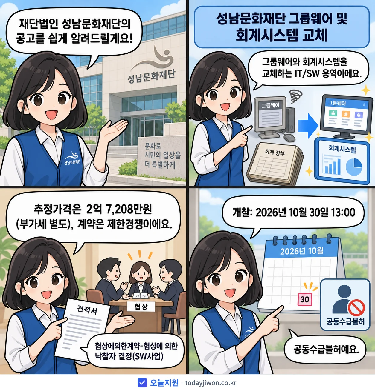 4컷 만화로 보는 공고: 재단법인 성남문화재단 '성남문화재단 그룹웨어 및 회계시스템 교체', 추정가격 2억 7,208만원
