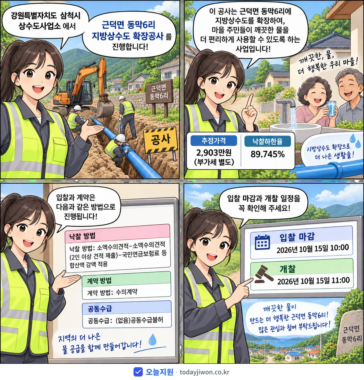 4컷 만화로 보는 공고: 강원특별자치도 삼척시 상수도사업소 '근덕면 동막6리 지방상수도 확장공사', 추정가격 2,903만원, 입찰 마감 10/15 10:00
