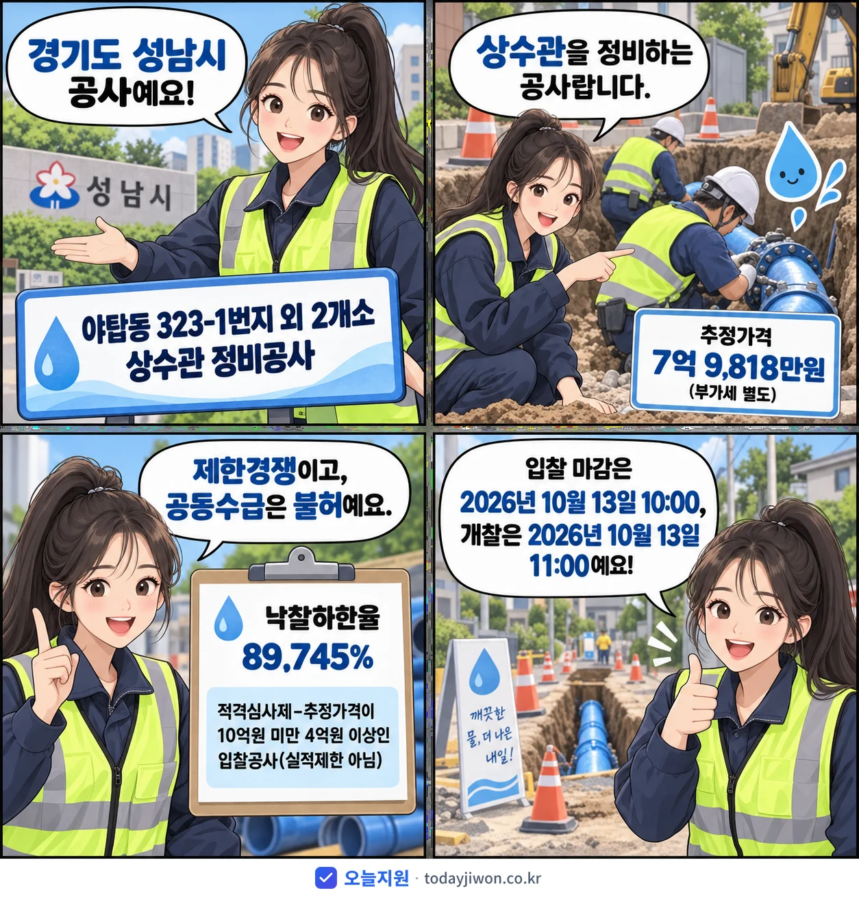 4컷 만화로 보는 공고: 경기도 성남시 '야탑동 323-1번지 외 2개소 상수관 정비공사', 추정가격 7억 9,818만원, 입찰 마감 10/13 10:00