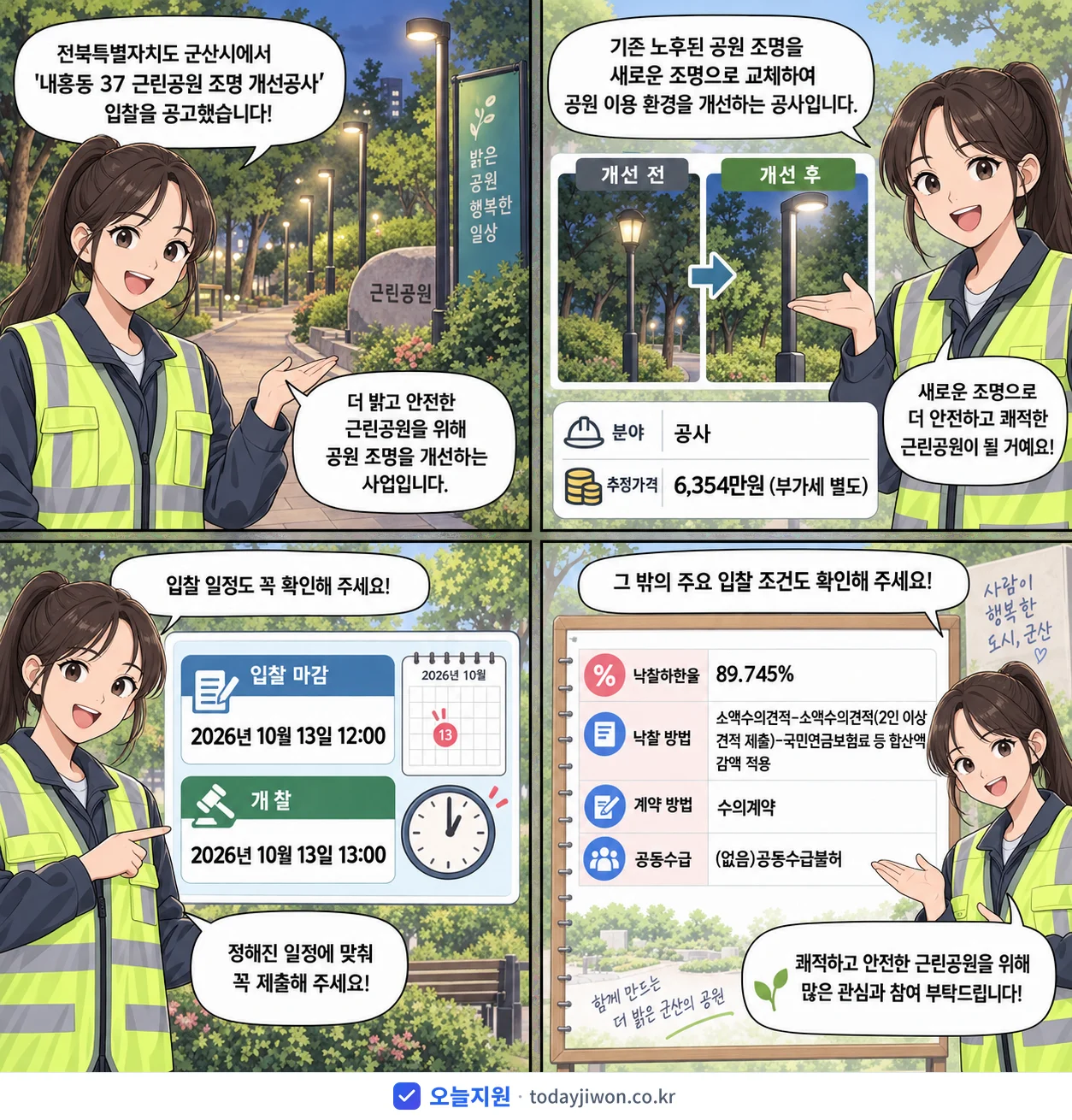 4컷 만화로 보는 공고: 전북특별자치도 군산시 '내흥동 37 근린공원 조명 개선공사', 추정가격 6,354만원, 입찰 마감 10/13 12:00