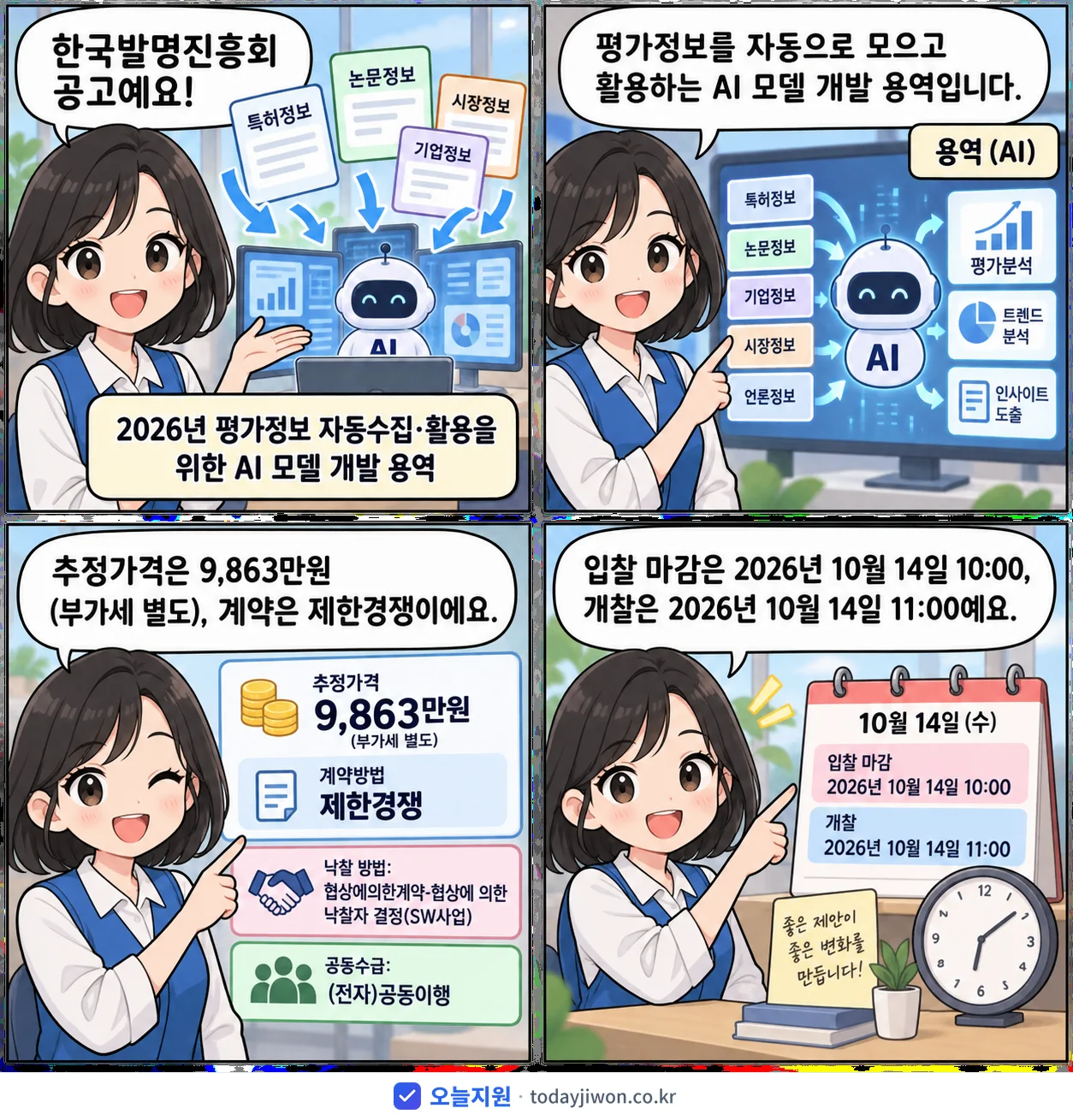 4컷 만화로 보는 공고: 한국발명진흥회 '평가정보 자동수집·활용을 위한 AI 모델 개발 용역', 추정가격 9,863만원, 입찰 마감 10/14 10:00
