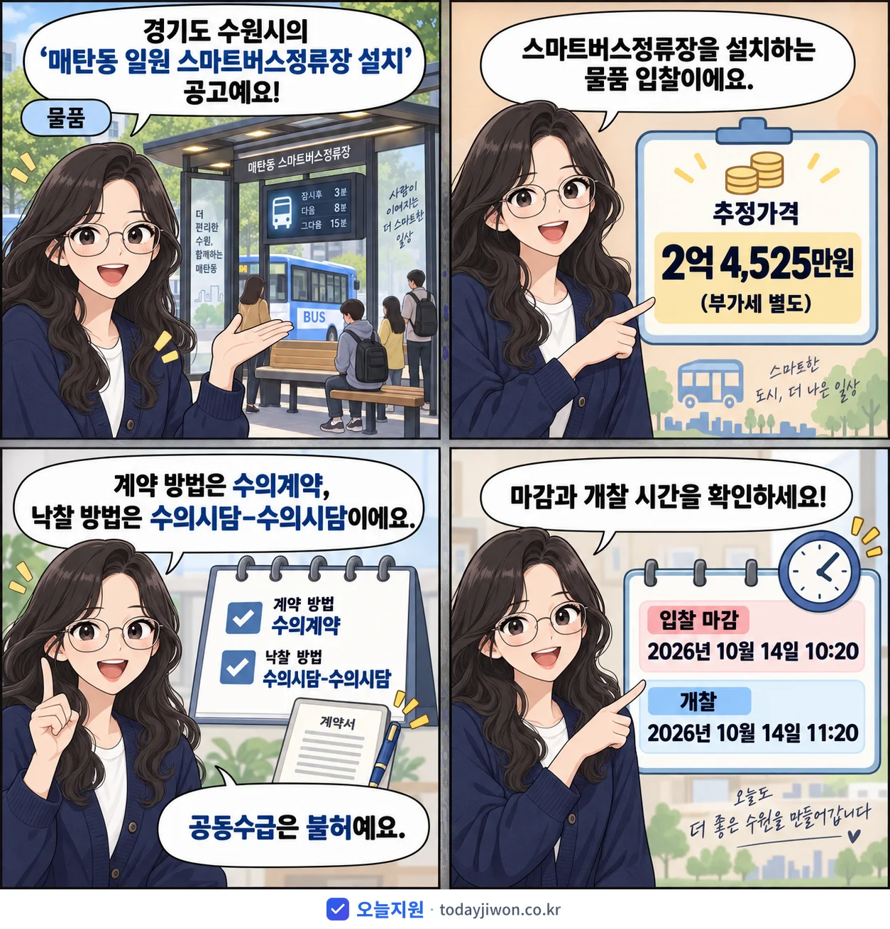4컷 만화로 보는 공고: 경기도 수원시 '매탄동 일원 스마트버스정류장 설치', 추정가격 2억 4,525만원, 입찰 마감 10/14 10:20