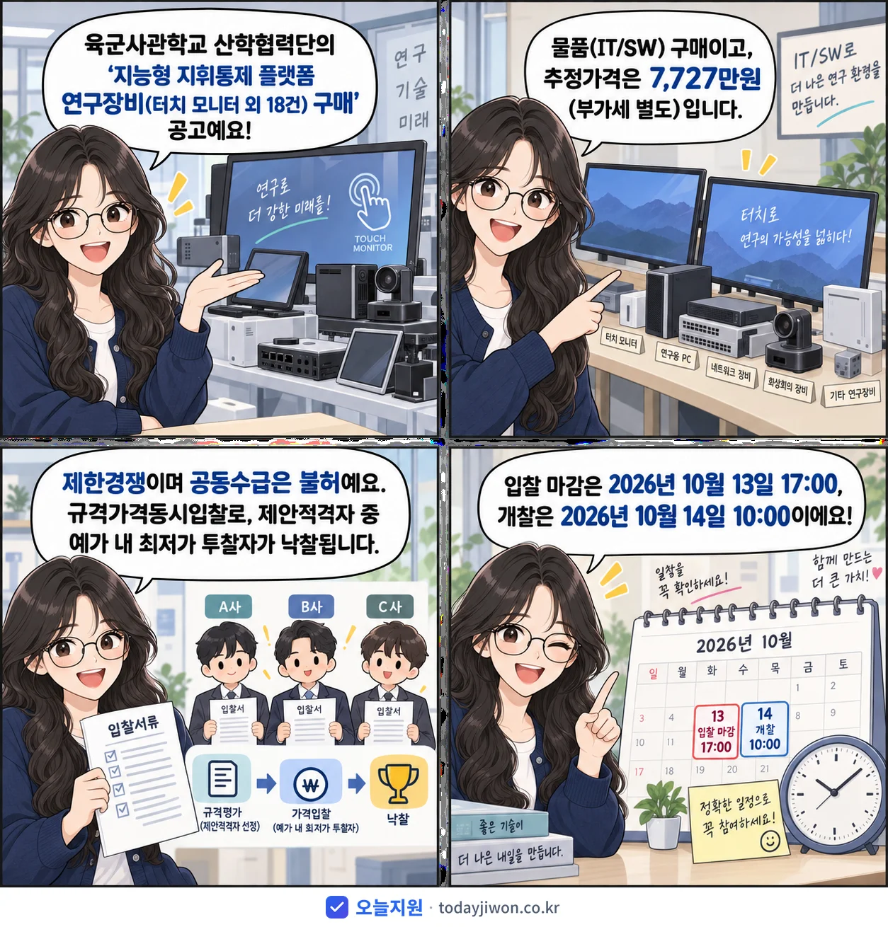 4컷 만화로 보는 공고: 육군사관학교 산학협력단 '지능형 지휘통제 플랫폼 연구장비(터치 모니터 외 18건) 구매', 추정가격 7,727만원, 입찰 마감 10/13 17:00