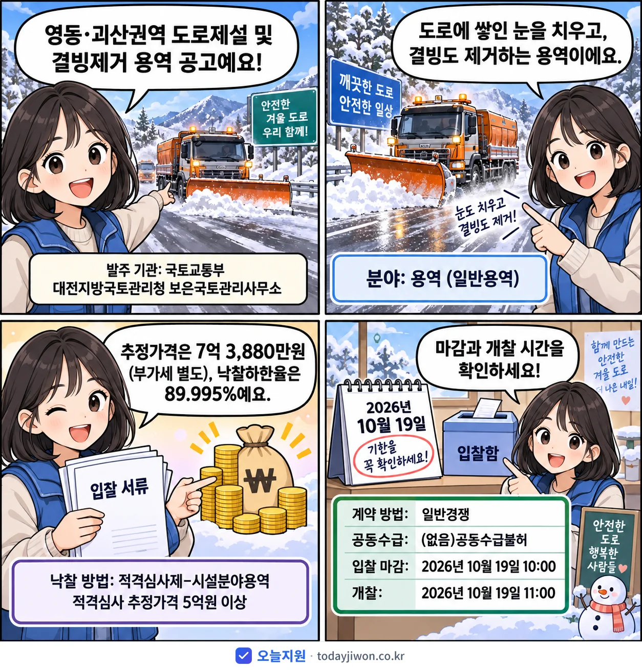4컷 만화로 보는 공고: 국토교통부 대전지방국토관리청 보은국토관리사무소 '영동·괴산권역 도로제설 및 결빙제거 용역', 추정가격 7억 3,880만원, 입찰 마감 10/19 10:00