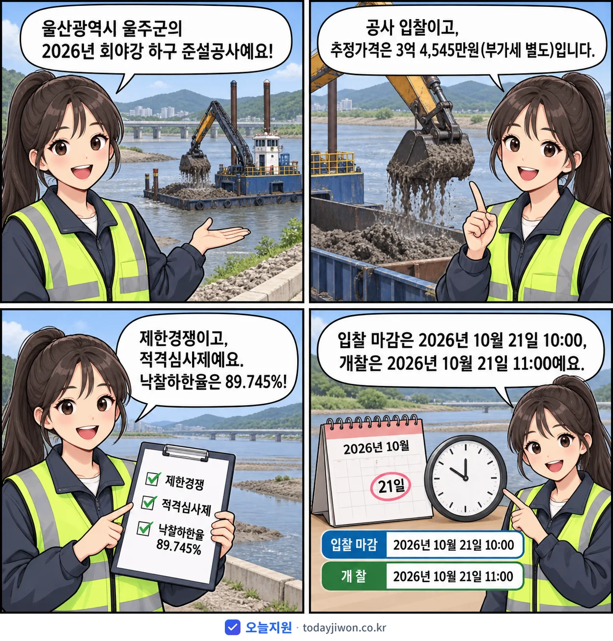 4컷 만화로 보는 공고: 울산광역시 울주군 '회야강 하구 준설공사', 추정가격 3억 4,545만원, 입찰 마감 10/21 10:00