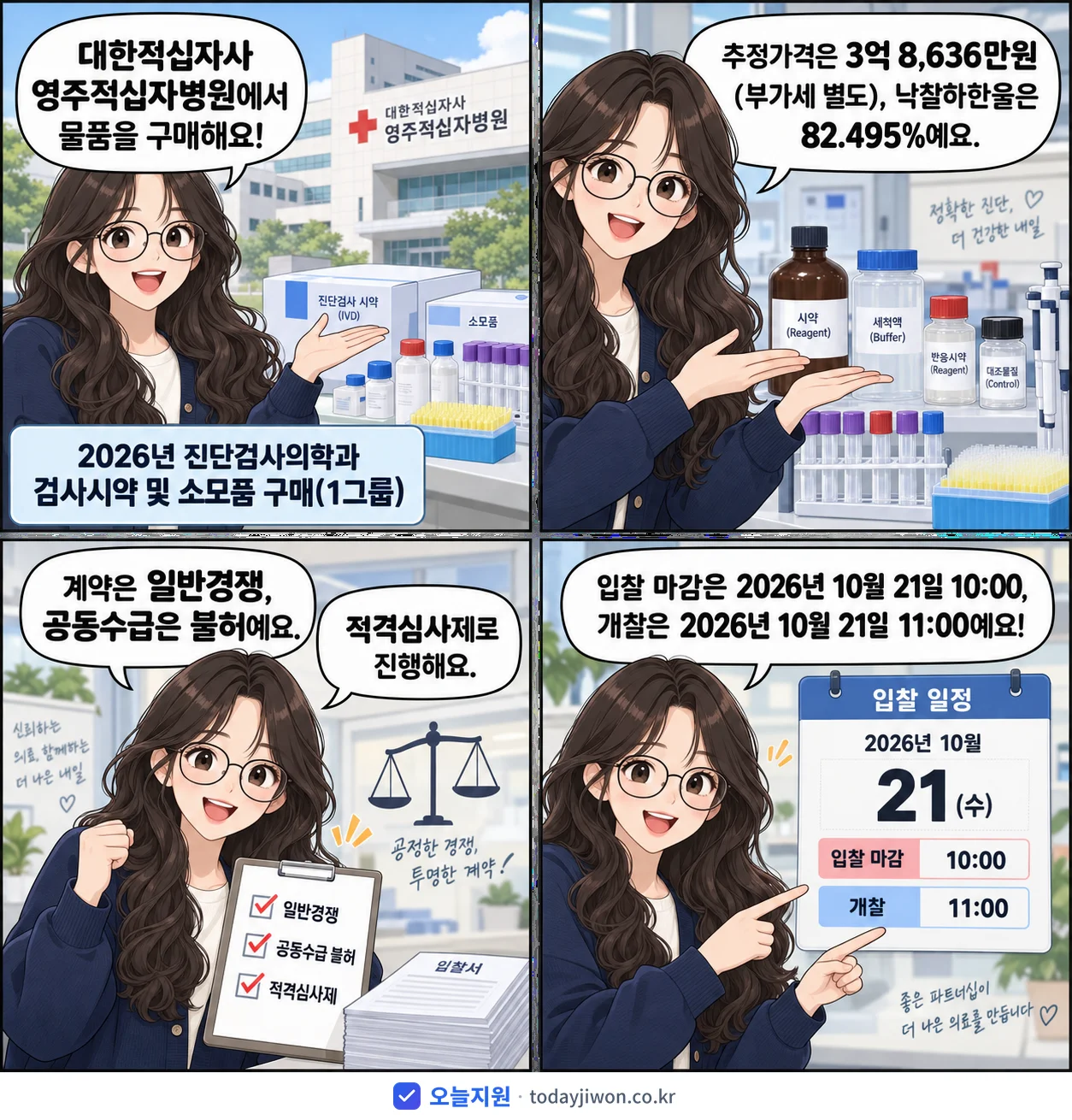 4컷 만화로 보는 공고: 대한적십자사 영주적십자병원 '진단검사의학과 검사시약 및 소모품 구매(1그룹)', 추정가격 3억 8,636만원, 입찰 마감 10/21 10:00