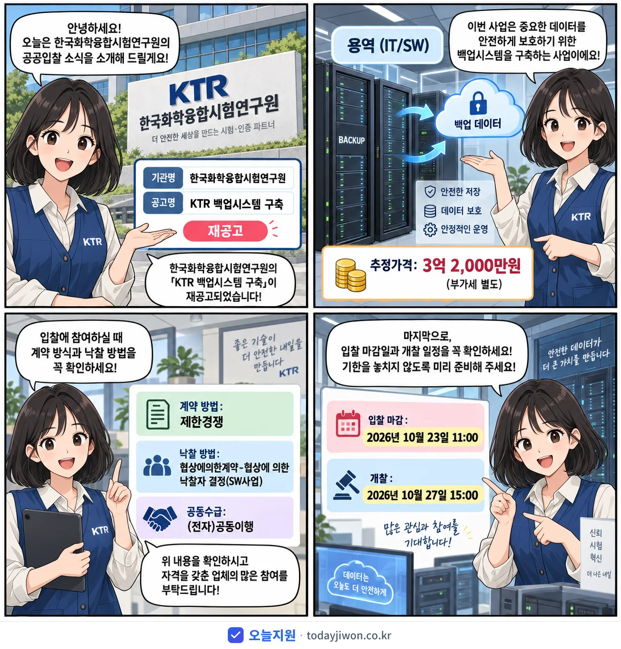 4컷 만화로 보는 공고: 한국화학융합시험연구원 'KTR 백업시스템 구축', 추정가격 3억 2,000만원, 입찰 마감 10/23 11:00