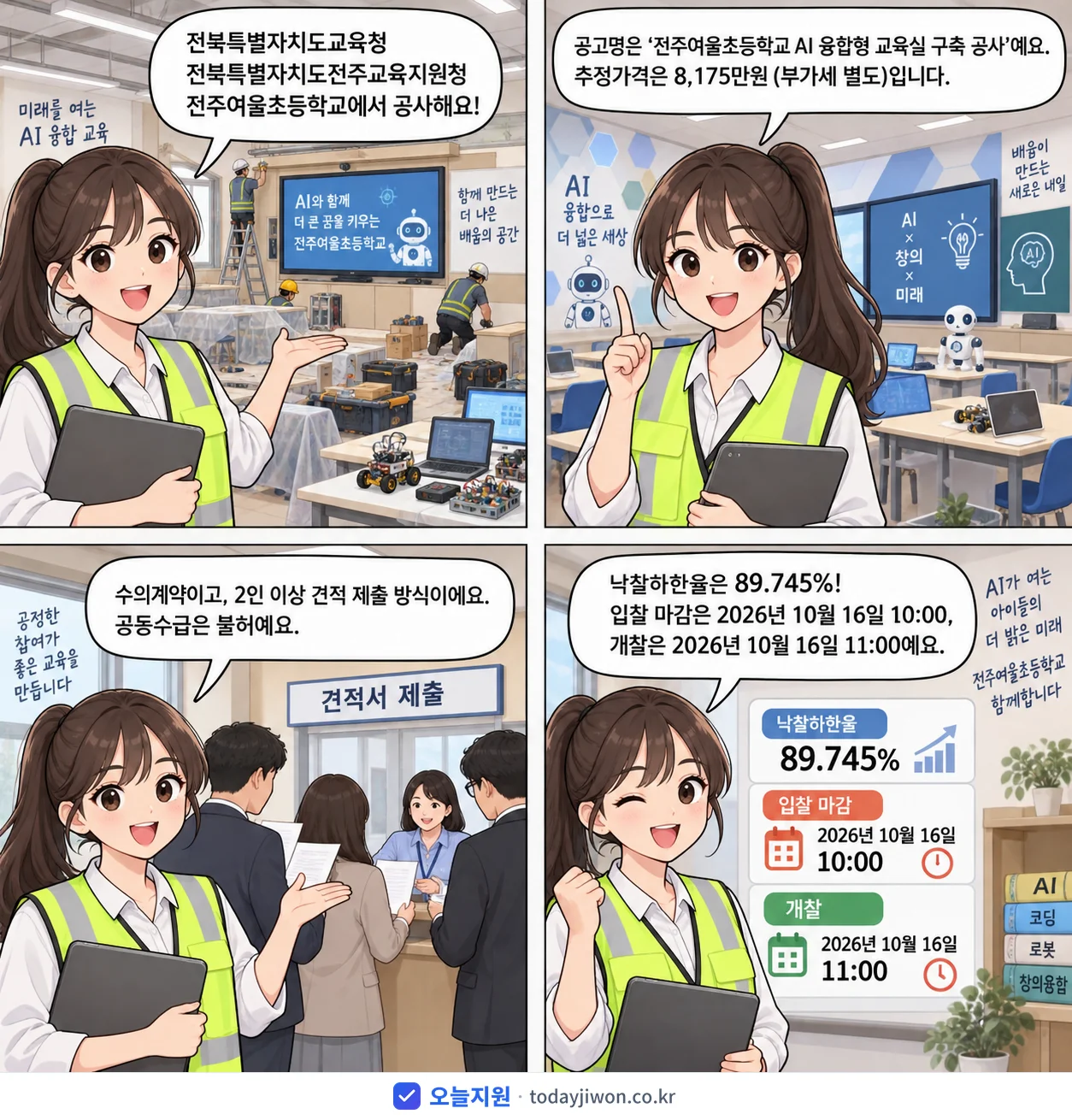 4컷 만화로 보는 공고: 전북특별자치도교육청 전북특별자치도전주교육지원청 전주여울초등학교 '전주여울초등학교 AI 융합형 교육실 구축 공사', 추정가격 8,175만원, 입찰 마감 10/16 10:00