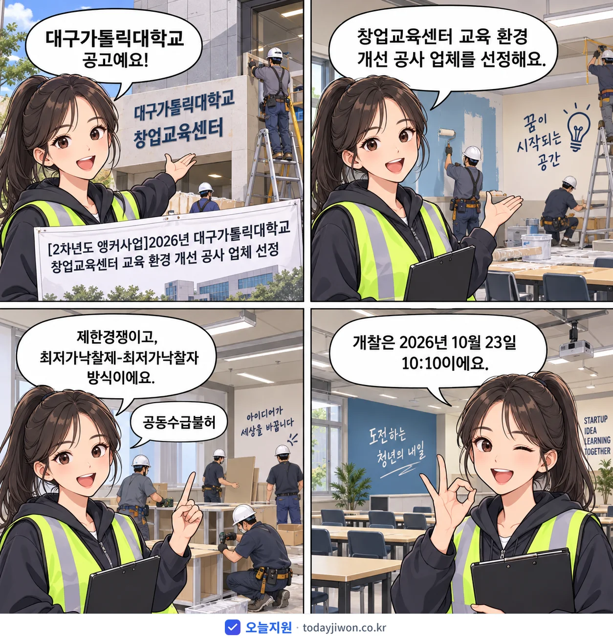 4컷 만화로 보는 공고: 대구가톨릭대학교 '대구가톨릭대학교 창업교육센터 교육 환경 개선 공사 업체 선정'