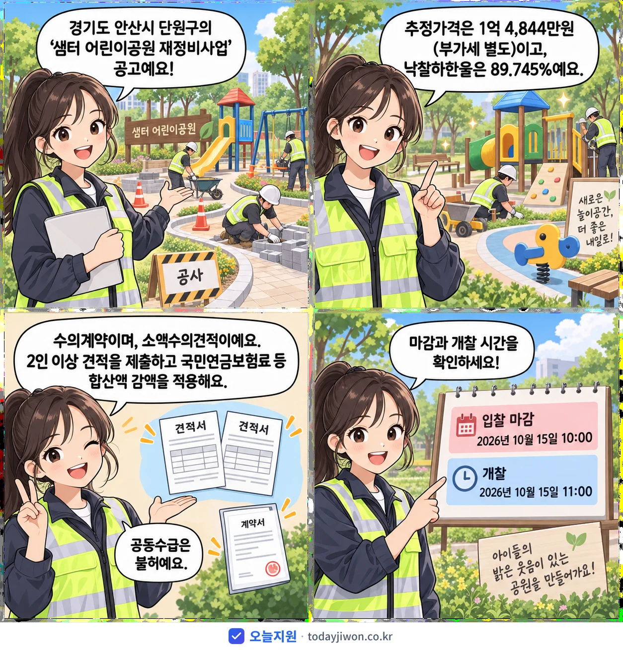 4컷 만화로 보는 공고: 경기도 안산시 단원구 '샘터 어린이공원 재정비사업', 추정가격 1억 4,844만원, 입찰 마감 10/15 10:00