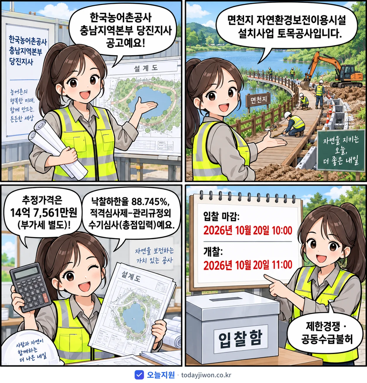 4컷 만화로 보는 공고: 한국농어촌공사 충남지역본부 당진지사 '면천지 자연환경보전이용시설 설치사업 토목공사', 추정가격 14억 7,561만원, 입찰 마감 10/20 10:00