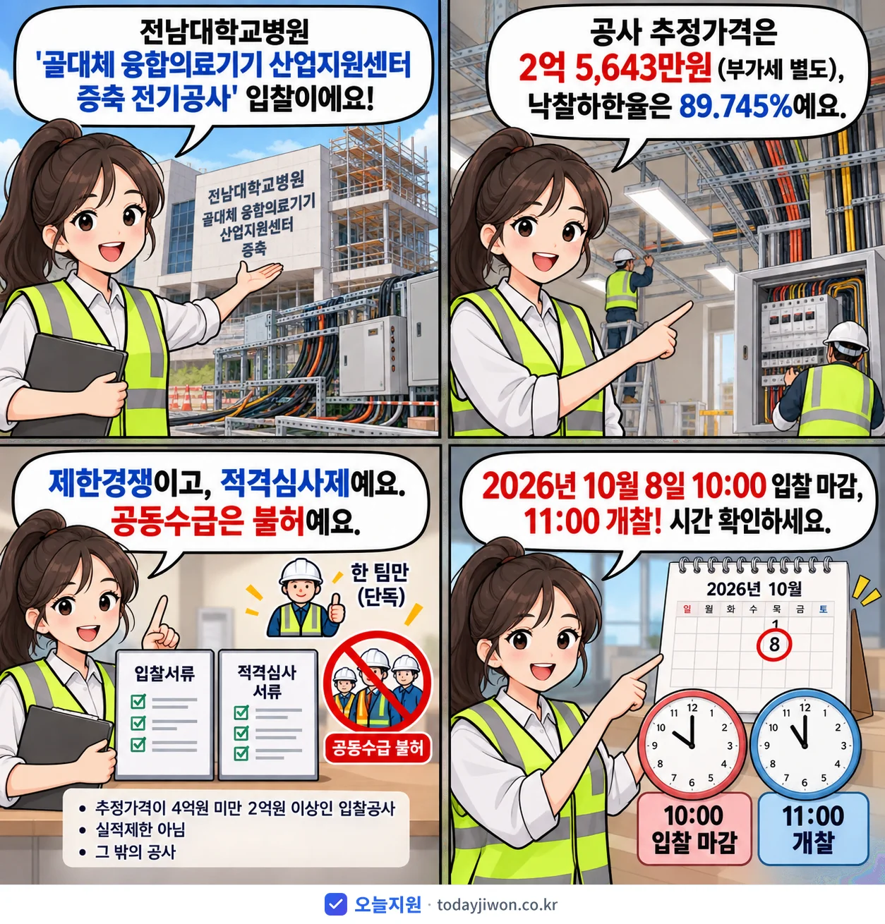 4컷 만화로 보는 공고: 전남대학교병원 '골대체 융합의료기기 산업지원센터 증축 전기공사', 추정가격 2억 5,643만원, 입찰 마감 10/8 10:00