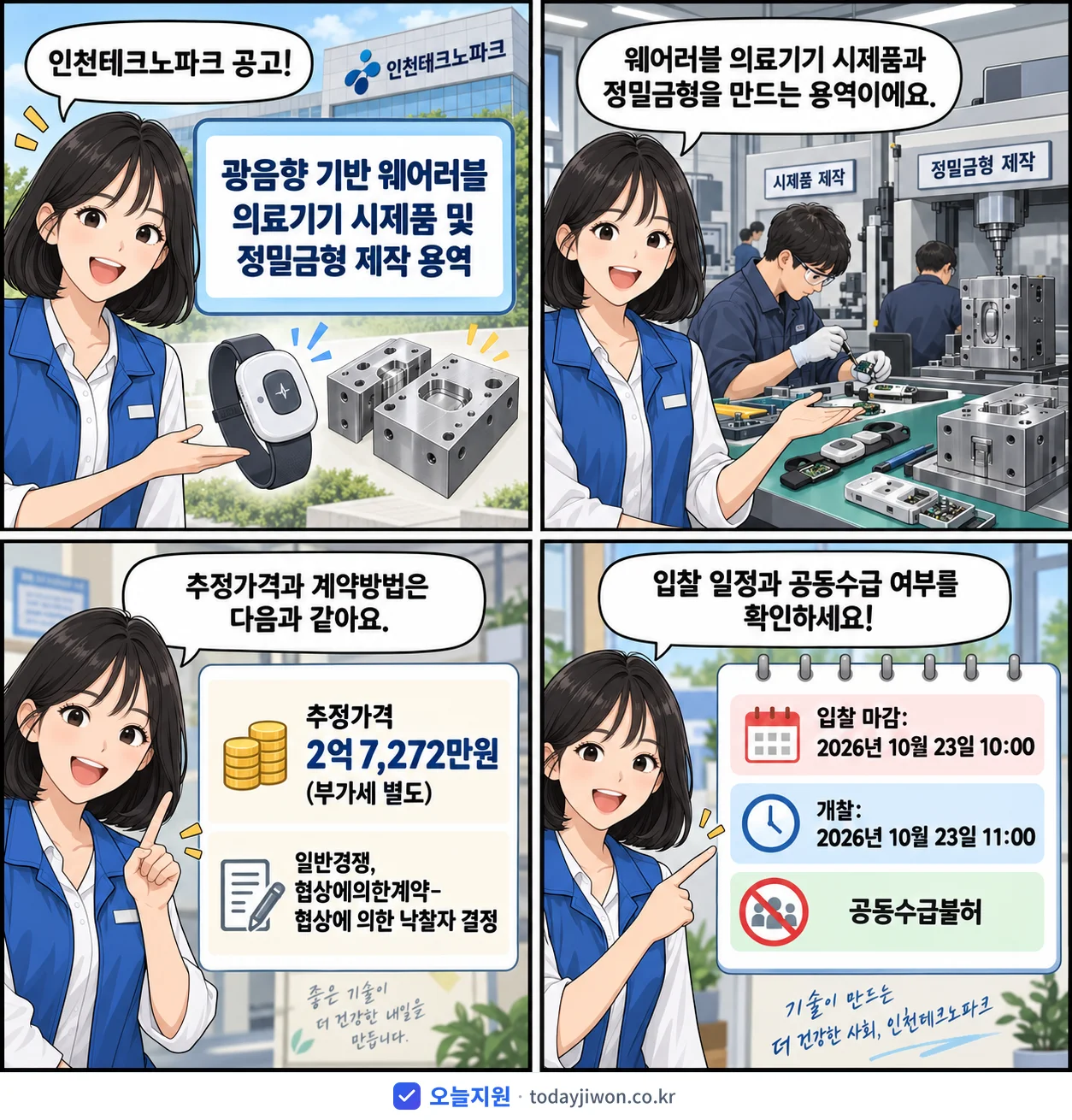 4컷 만화로 보는 공고: 인천테크노파크 '광음향 기반 웨어러블 의료기기 시제품 및 정밀금형 제작 용역', 추정가격 2억 7,272만원, 입찰 마감 10/23 10:00