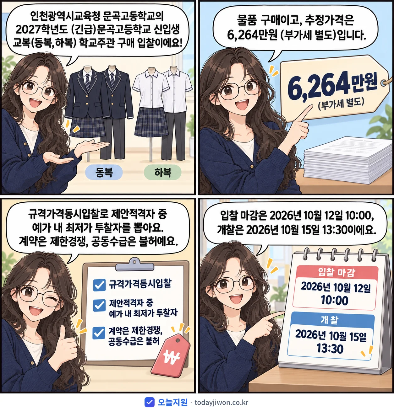 4컷 만화로 보는 공고: 인천광역시교육청 문곡고등학교 '학년도 문곡고등학교 신입생 교복(동복,하복) 학교주관 구매 입찰', 추정가격 6,264만원, 입찰 마감 10/12 10:00