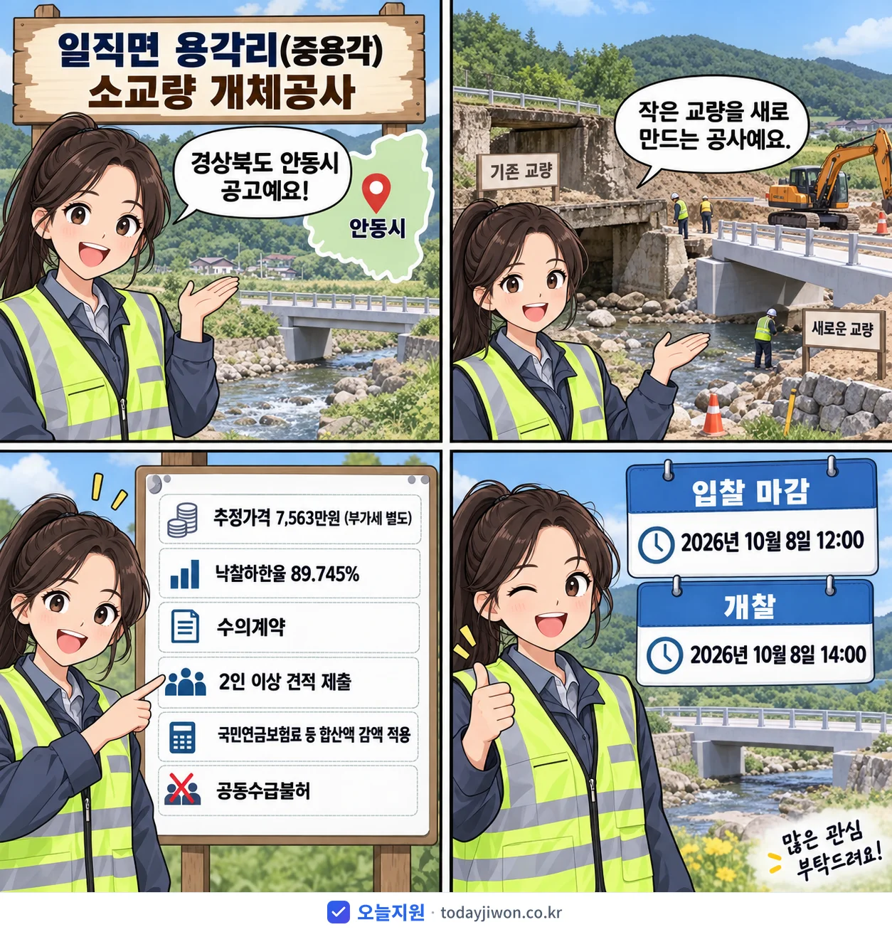4컷 만화로 보는 공고: 경상북도 안동시 '일직면 용각리(중용각) 소교량 개체공사', 추정가격 7,563만원, 입찰 마감 10/8 12:00