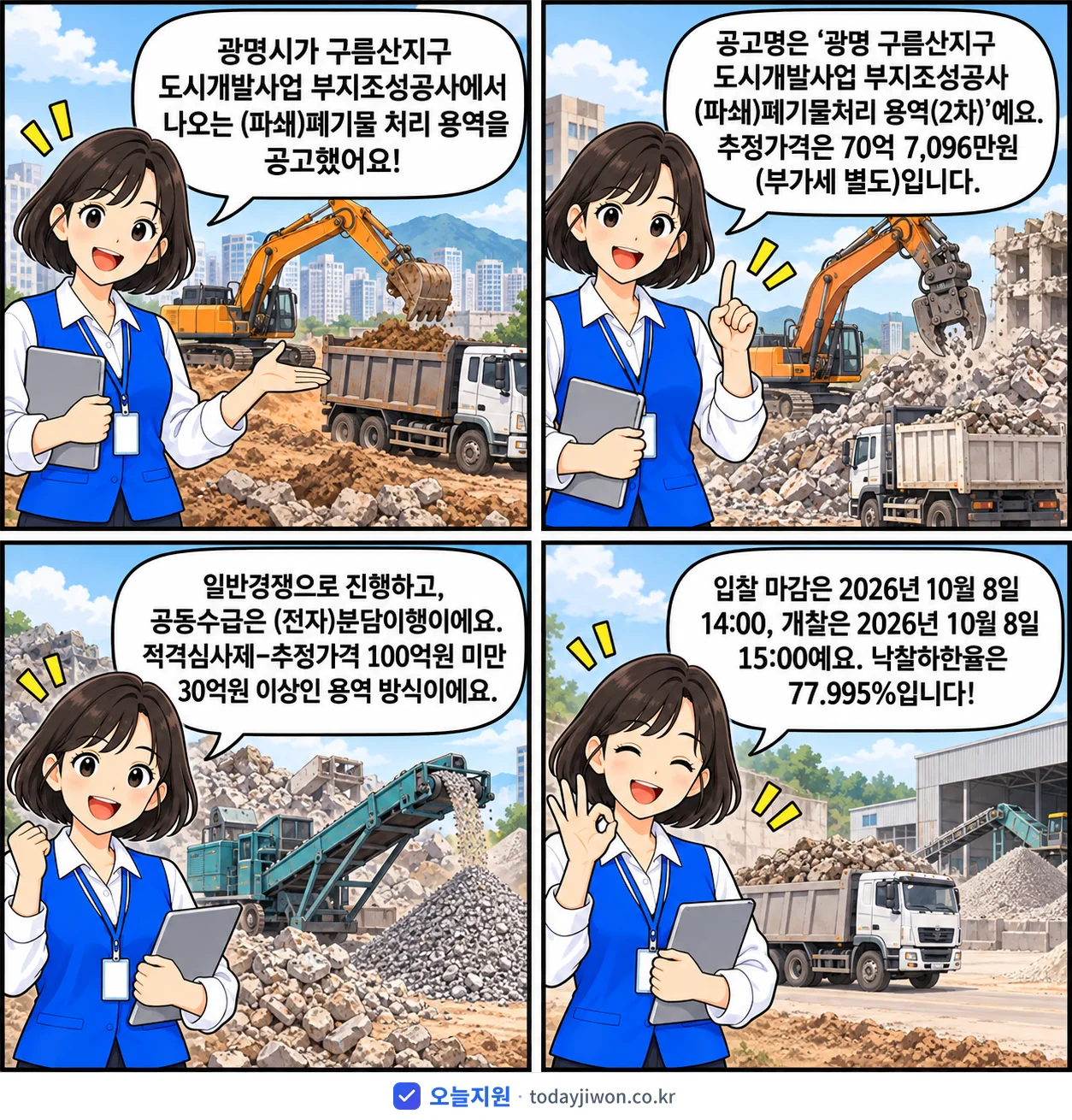 4컷 만화로 보는 공고: 경기도 광명시 '광명 구름산지구 도시개발사업 부지조성공사 (파쇄)폐기물처리 용역(2차)', 추정가격 70억 7,096만원, 입찰 마감 10/8 14:00