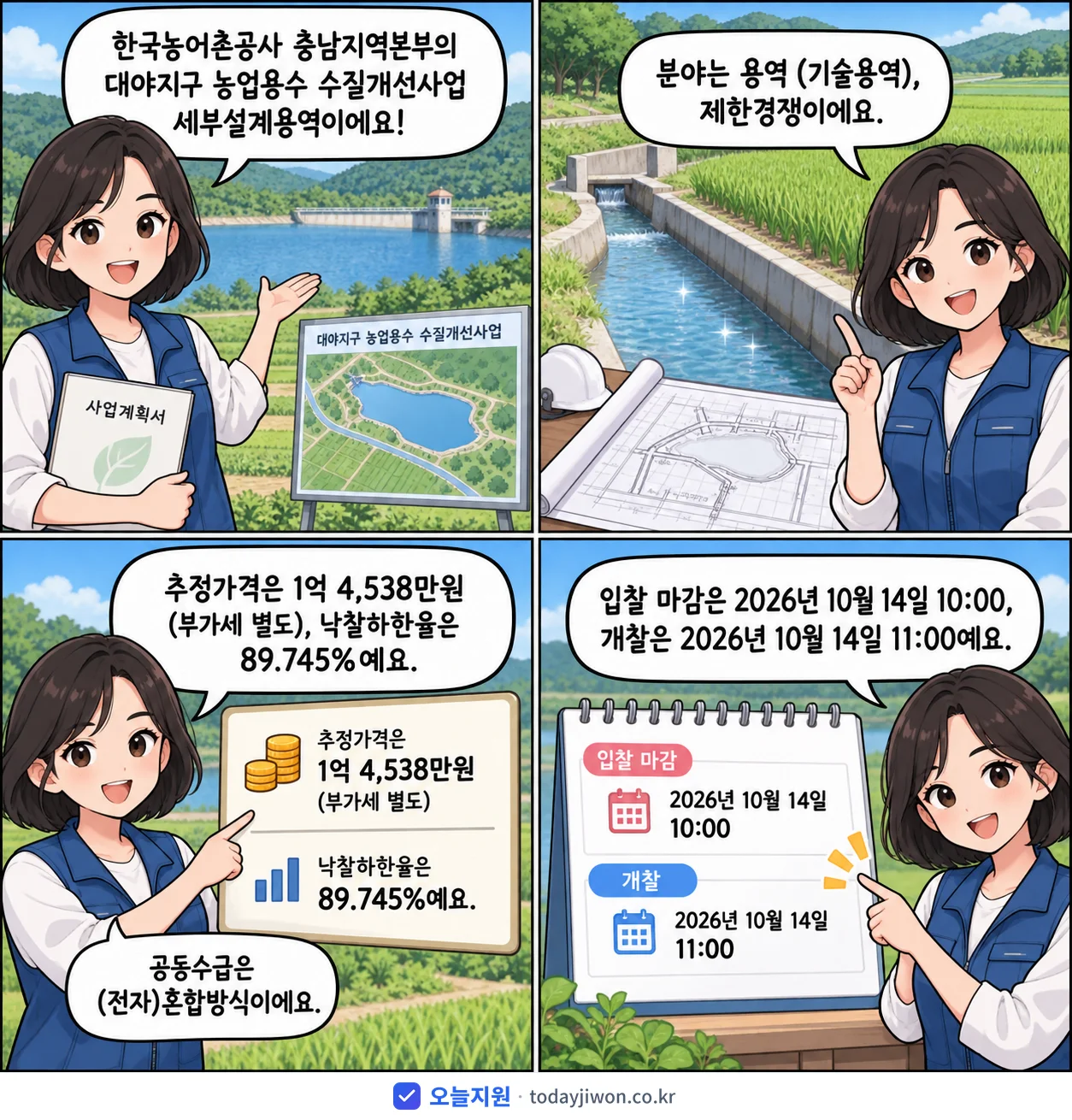 4컷 만화로 보는 공고: 한국농어촌공사 충남지역본부 '대야지구 농업용수 수질개선사업 세부설계용역', 추정가격 1억 4,538만원, 입찰 마감 10/14 10:00