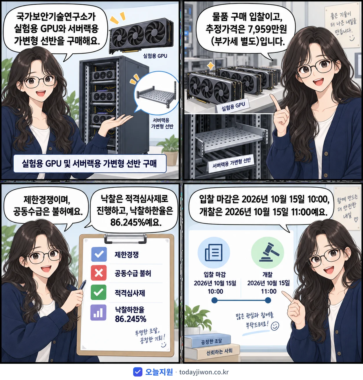 4컷 만화로 보는 공고: 국가보안기술연구소 '실험용 GPU 및 서버랙용 가변형 선반 구매', 추정가격 7,959만원, 입찰 마감 10/15 10:00