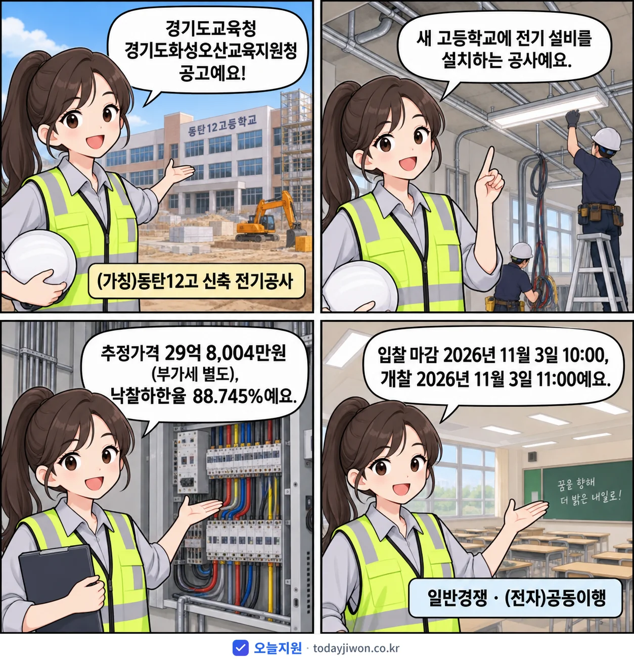 4컷 만화로 보는 공고: 경기도교육청 경기도화성오산교육지원청 '(가칭)동탄12고 신축 전기공사', 추정가격 29억 8,004만원, 입찰 마감 11/3 10:00