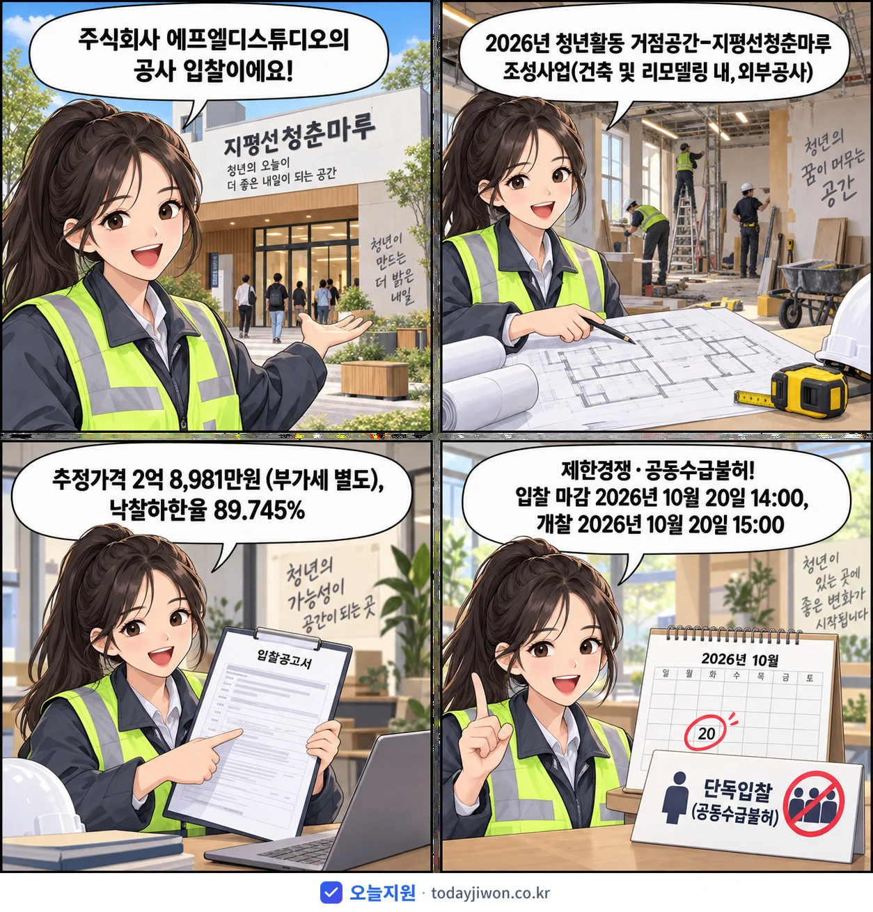 4컷 만화로 보는 공고: 주식회사 에프엘디스튜디오 '청년활동 거점공간-지평선청춘마루 조성사업(건축 및 리모델링 내,외부공사)', 추정가격 2억 8,981만원, 입찰 마감 10/20 14:00