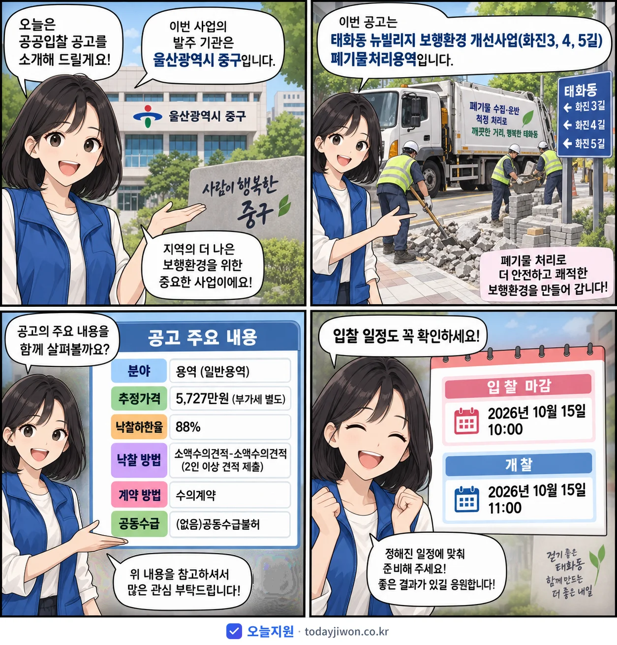 4컷 만화로 보는 공고: 울산광역시 중구 '태화동 뉴빌리지 보행환경 개선사업(화진3, 4, 5길) 폐기물처리용역', 추정가격 5,727만원, 입찰 마감 10/15 10:00