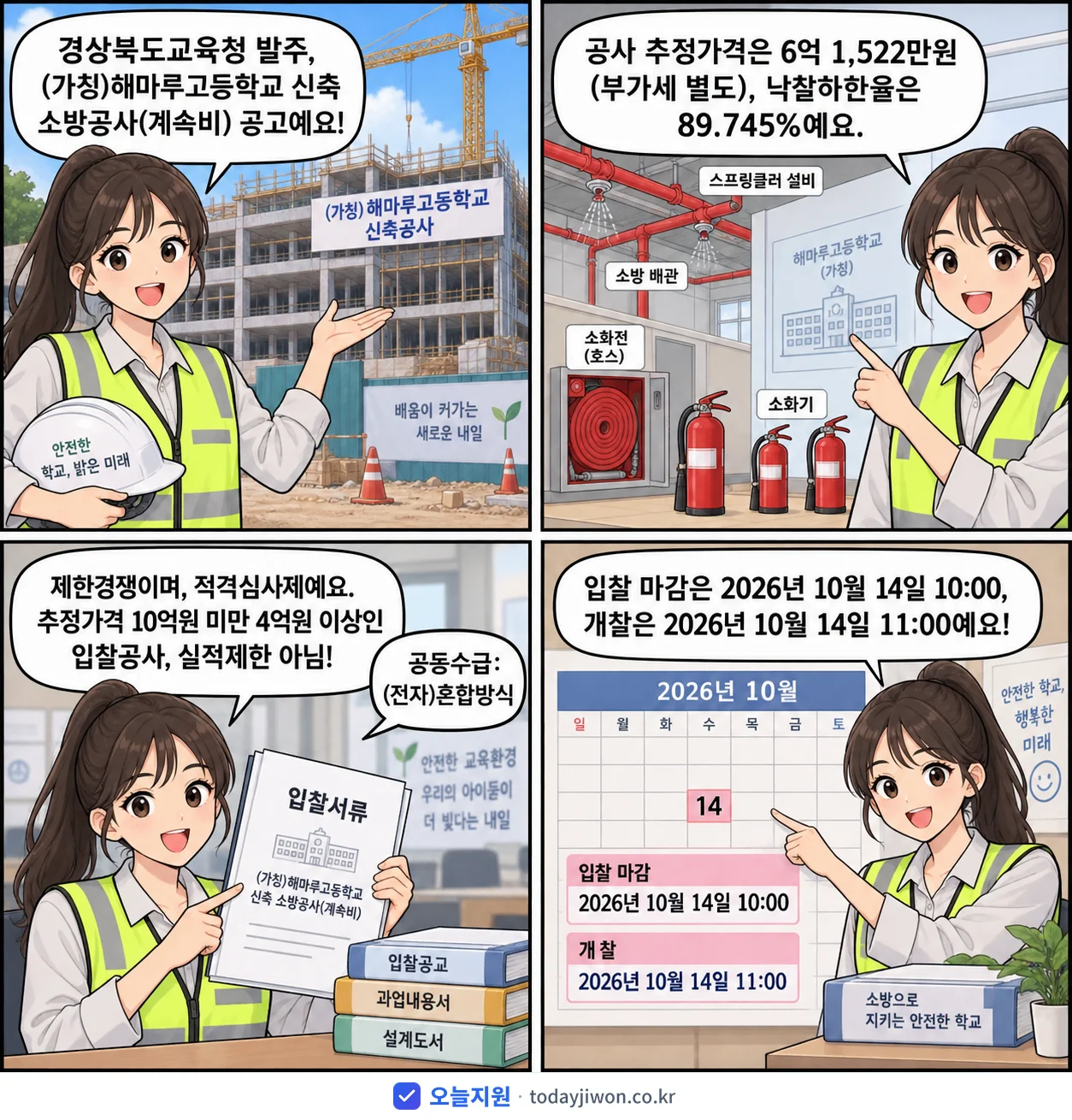 4컷 만화로 보는 공고: 경상북도교육청 '(가칭)해마루고등학교 신축 소방공사(계속비)', 추정가격 6억 1,522만원, 입찰 마감 10/14 10:00