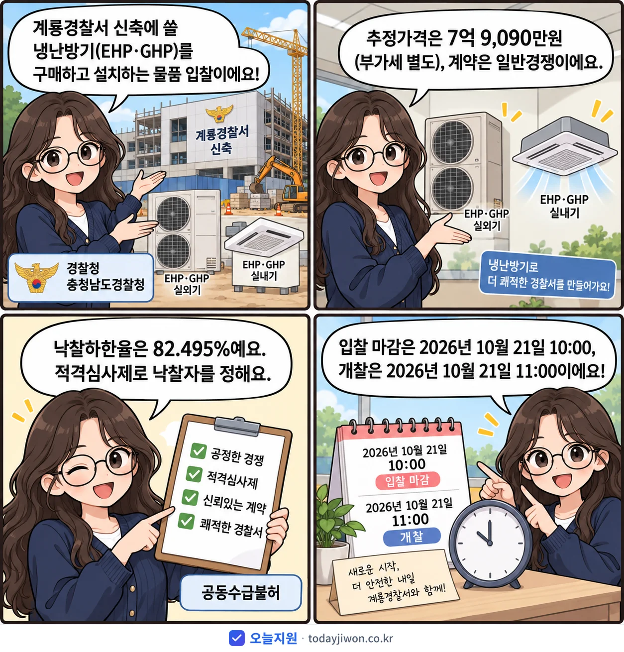 4컷 만화로 보는 공고: 경찰청 충청남도경찰청 '계룡경찰서 신축 관급자재(냉난방기-EHP,GHP) 구매 설치 계약', 추정가격 7억 9,090만원, 입찰 마감 10/21 10:00