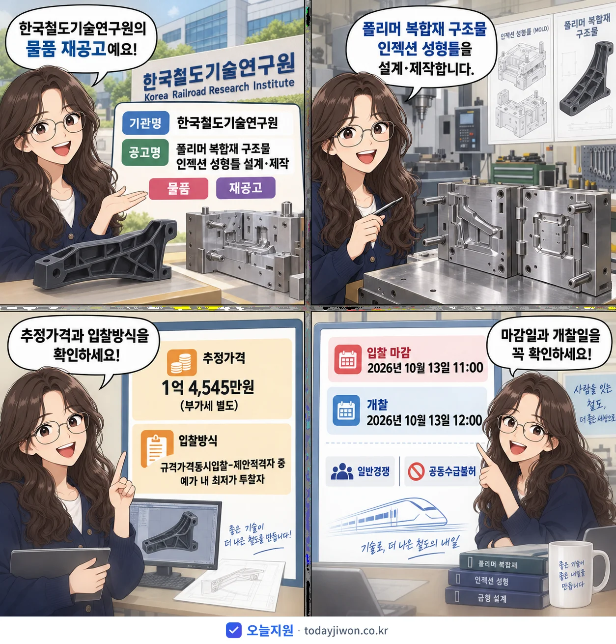 4컷 만화로 보는 공고: 한국철도기술연구원 '폴리머 복합재 구조물 인젝션 성형틀 설계·제작', 추정가격 1억 4,545만원, 입찰 마감 10/13 11:00