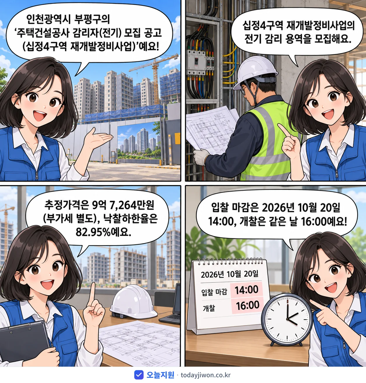4컷 만화로 보는 공고: 인천광역시 부평구 '주택건설공사 감리자(전기) 모집 공고(십정4구역 재개발정비사업)', 추정가격 9억 7,264만원, 입찰 마감 10/20 14:00