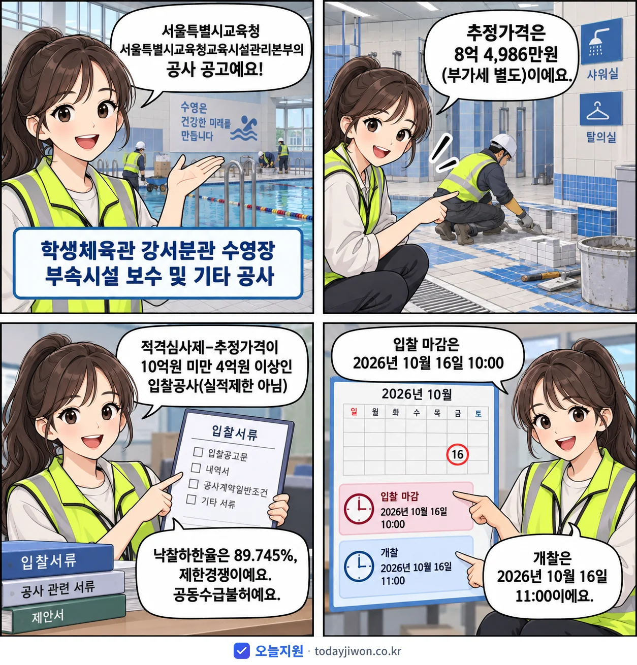 4컷 만화로 보는 공고: 서울특별시교육청 서울특별시교육청교육시설관리본부 '학생체육관 강서분관 수영장 부속시설 보수 및 기타 공사', 추정가격 8억 4,986만원, 입찰 마감 10/16 10:00