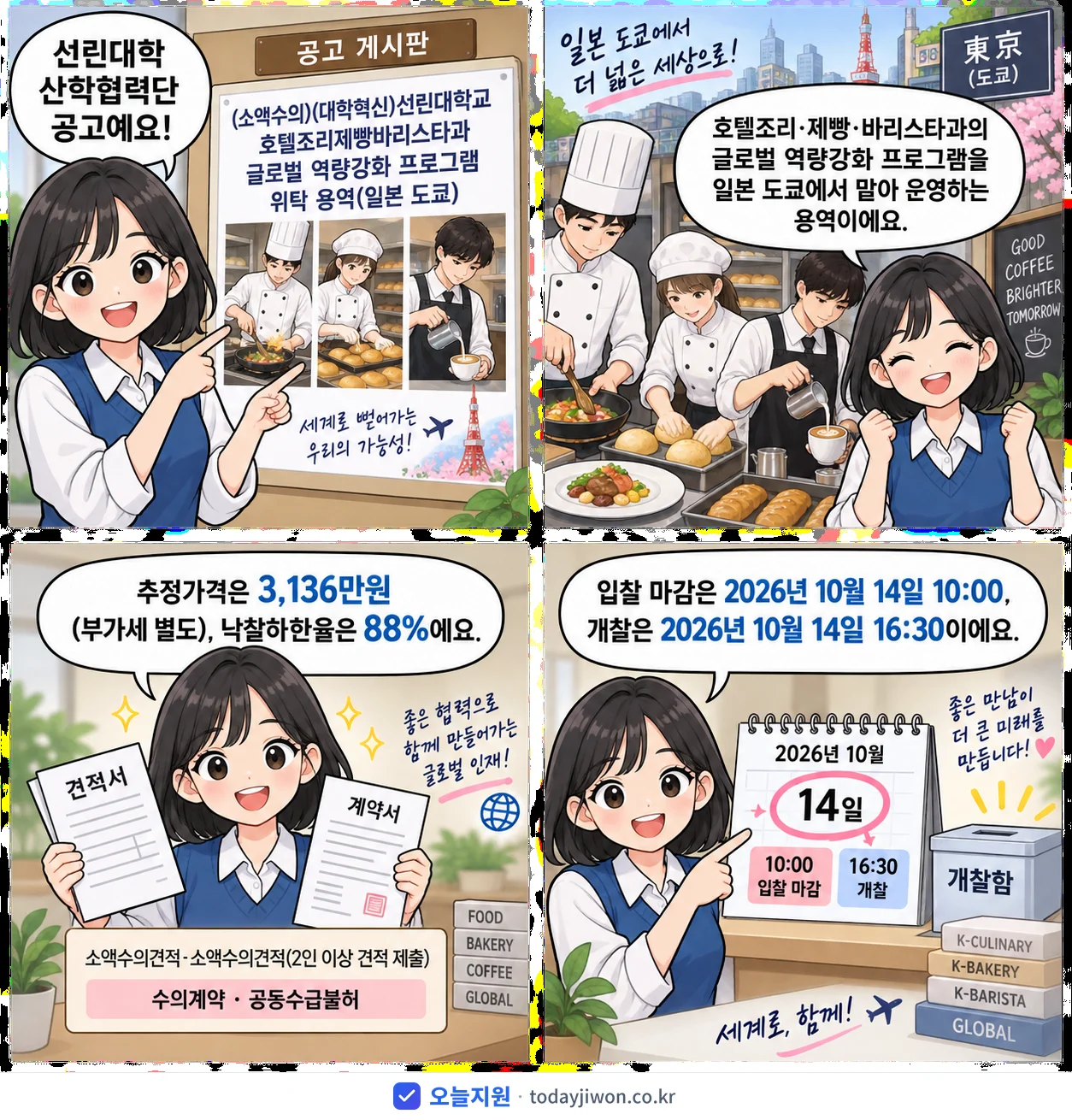 4컷 만화로 보는 공고: 선린대학 산학협력단 '(소액수의)(대학혁신)선린대학교 호텔조리제빵바리스타과 글로벌 역량강화…', 추정가격 3,136만원, 입찰 마감 10/14 10:00