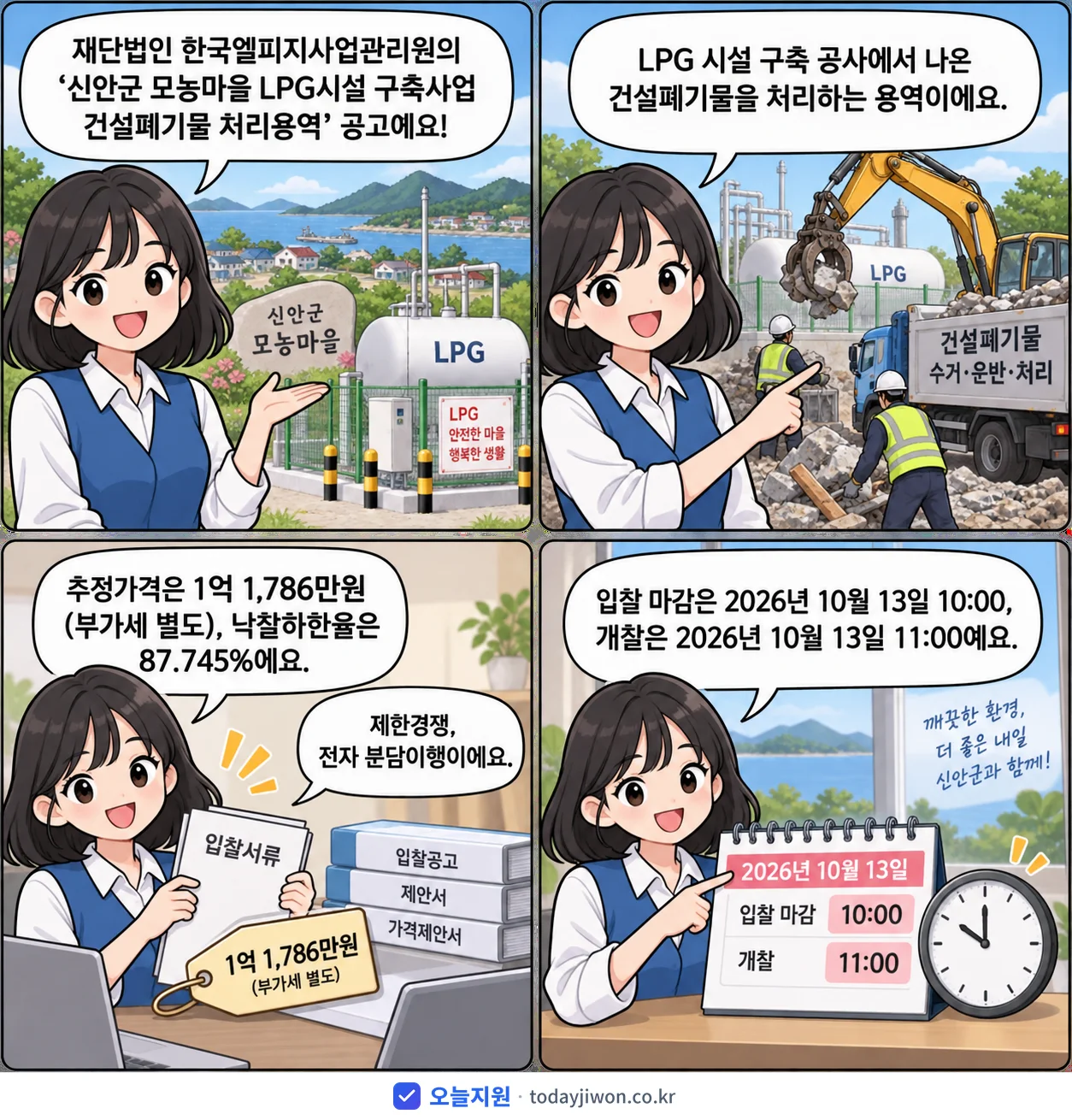 4컷 만화로 보는 공고: 재단법인 한국엘피지사업관리원 '신안군 모농마을 LPG시설 구축사업 건설폐기물 처리용역', 추정가격 1억 1,786만원, 입찰 마감 10/13 10:00