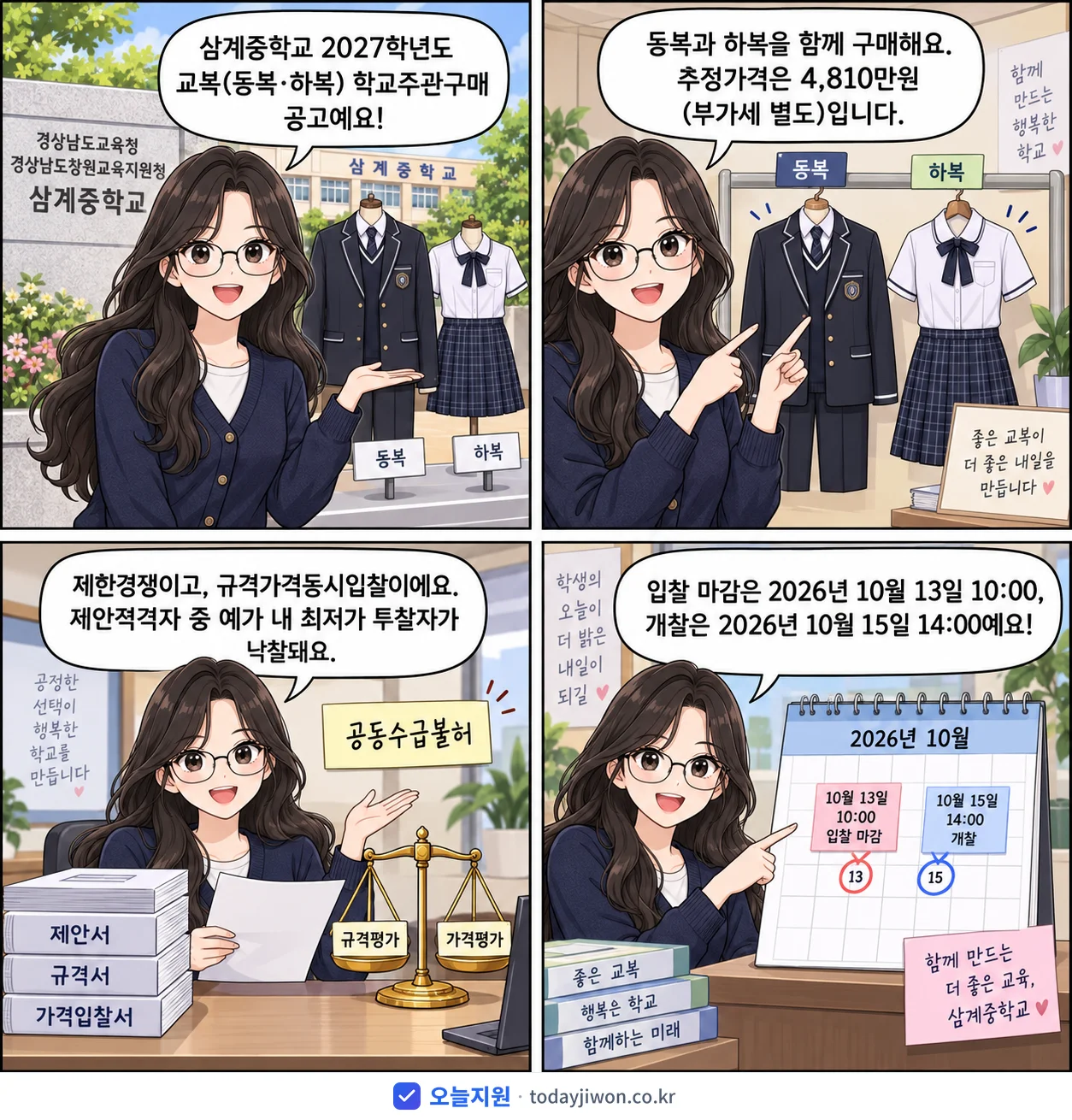 4컷 만화로 보는 공고: 경상남도교육청 경상남도창원교육지원청 삼계중학교 '삼계중학교 2027학년도 교복(동복·하복) 학교주관구매', 추정가격 4,810만원, 입찰 마감 10/13 10:00
