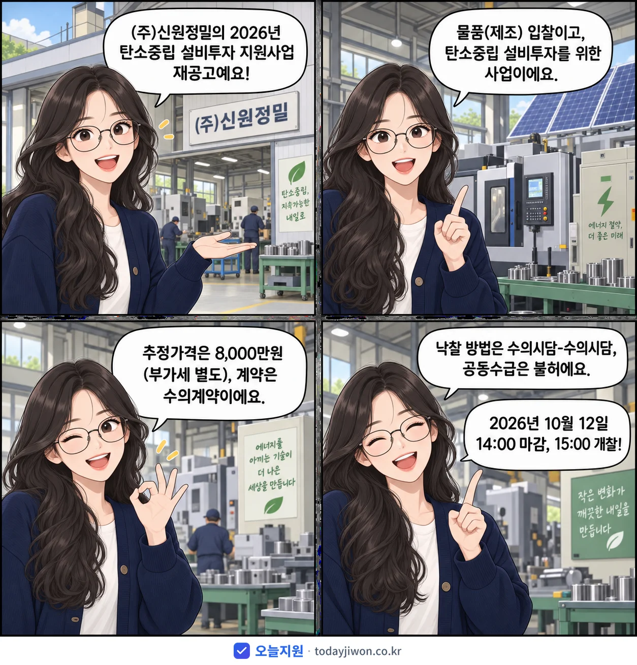 4컷 만화로 보는 공고: (주)신원정밀 '탄소중립 설비투자 지원사업', 추정가격 8,000만원, 입찰 마감 10/12 14:00