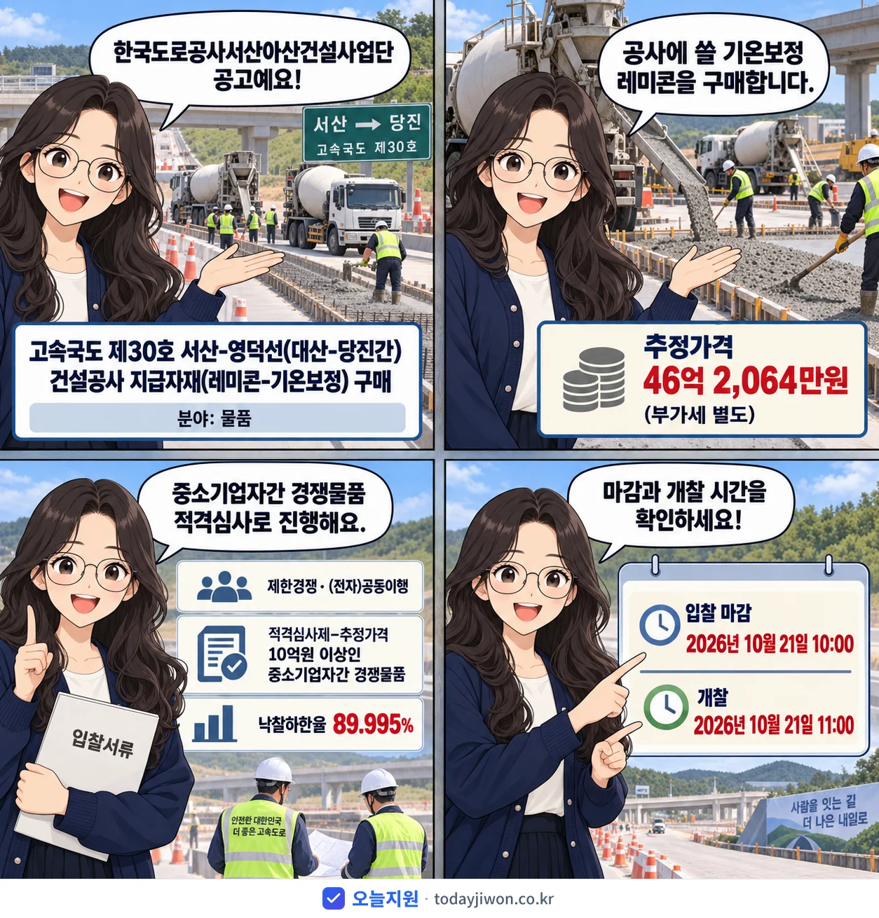 4컷 만화로 보는 공고: 한국도로공사서산아산건설사업단 '고속국도 제30호 서산-영덕선(대산-당진간) 건설공사 지급자재(레미콘-…', 추정가격 46억 2,064만원, 입찰 마감 10/21 10:00