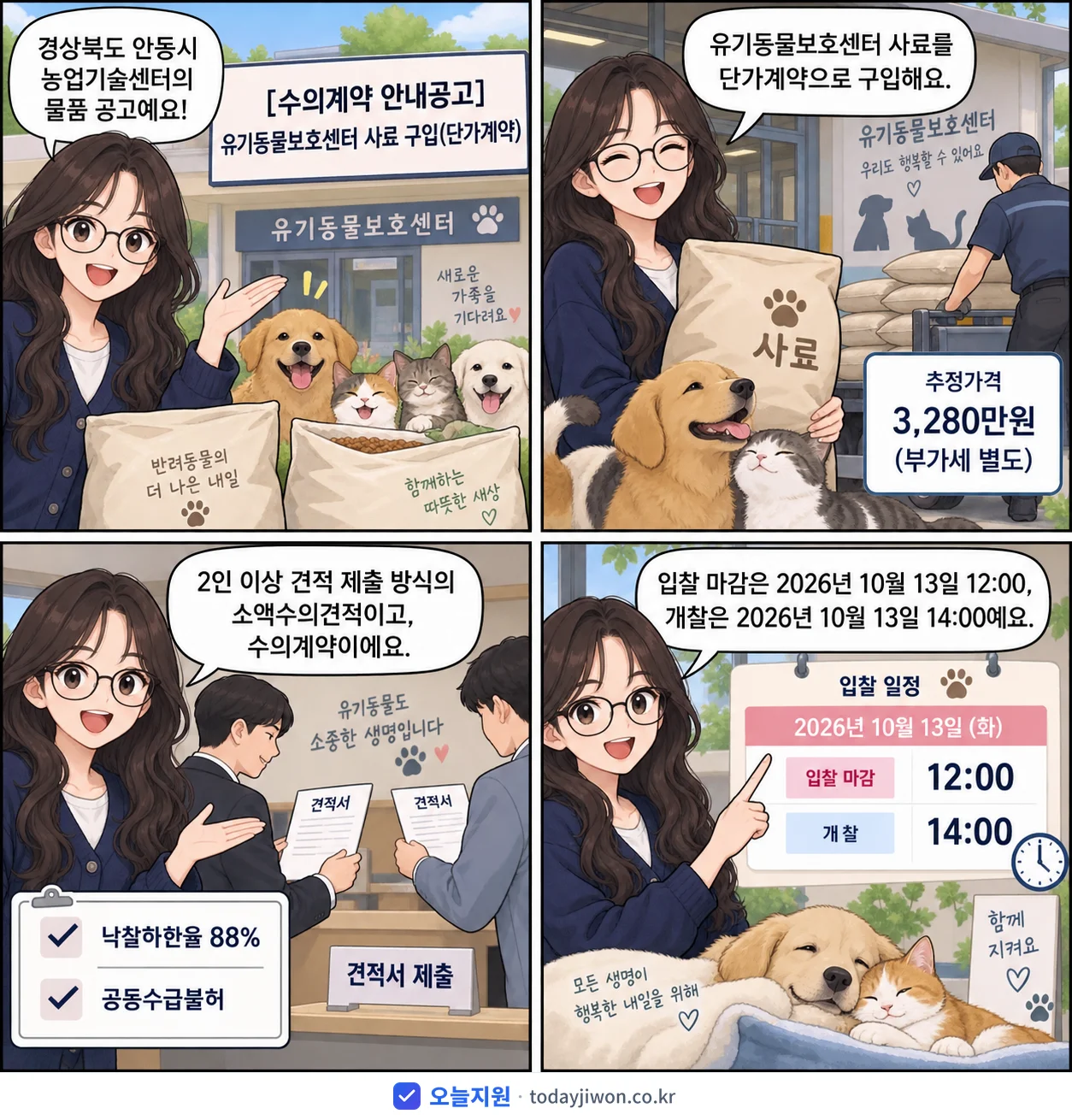 4컷 만화로 보는 공고: 경상북도 안동시 농업기술센터 '유기동물보호센터 사료 구입', 추정가격 3,280만원, 입찰 마감 10/13 12:00