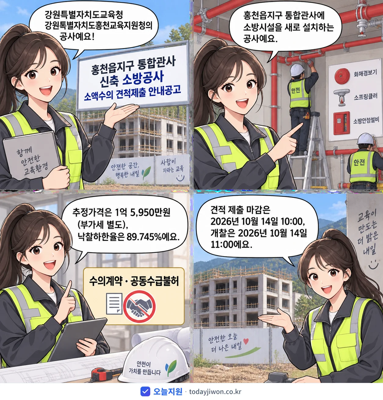4컷 만화로 보는 공고: 강원특별자치도교육청 강원특별자치도홍천교육지원청 '홍천읍지구 통합관사 신축 소방공사 소액수의 견적제출 안내공고', 추정가격 1억 5,950만원, 입찰 마감 10/14 10:00